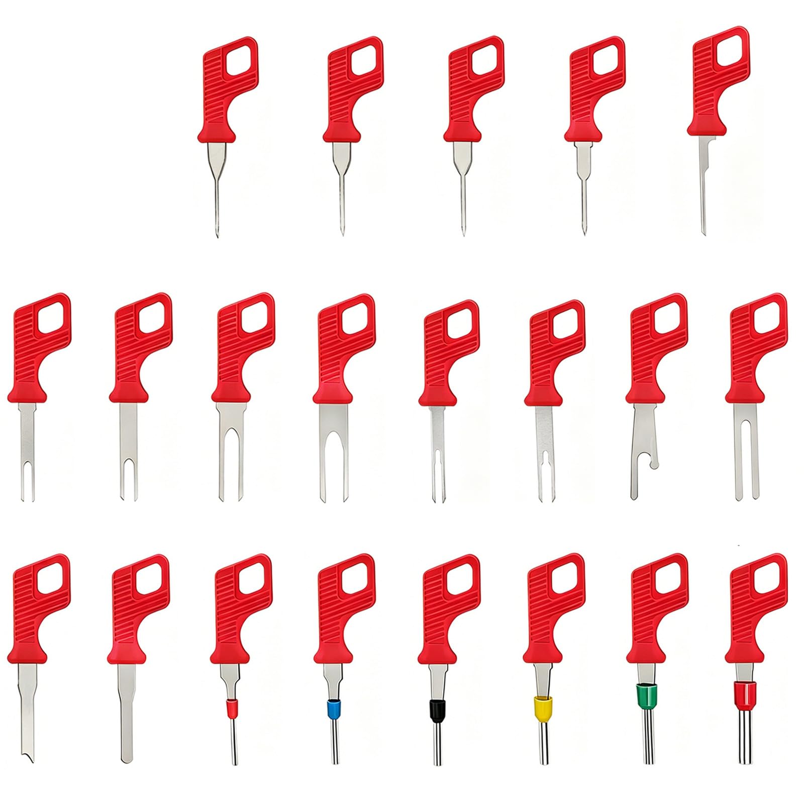 Kfwfuaee 21 Piece Set Terminal Extractor Tool Set For Automotive Wiring Repair With Mixed Pin Removal Tips And Red Grip Handle Design Depinning Pin Release Extractor Sleeve Fork Pick Connector Harness Repin Wiring
