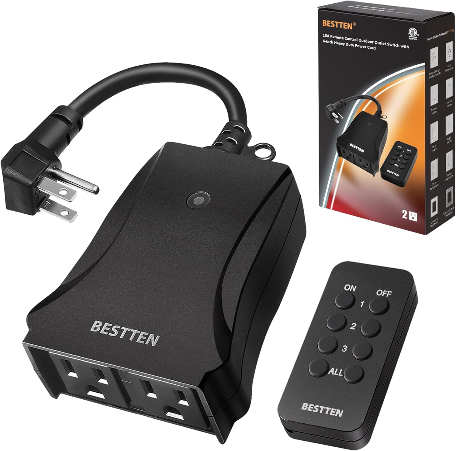 BESTTEN Wireless Remote Control Outdoor Outlet Switch, Plug in Light