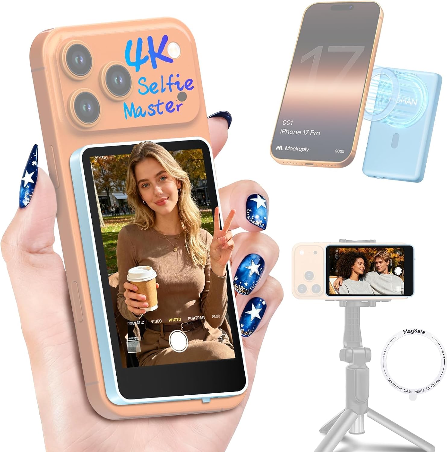 Moman Vlog Selfie Monitor Screen for iPhone 7-17 Series, 4K 60fps & Encrypted Private Wireless, Magnetic Back Camera Monitor, P2P Wireless, 164 ft Range for TikTok, Vlogging, Photo & Video Kits, Blue