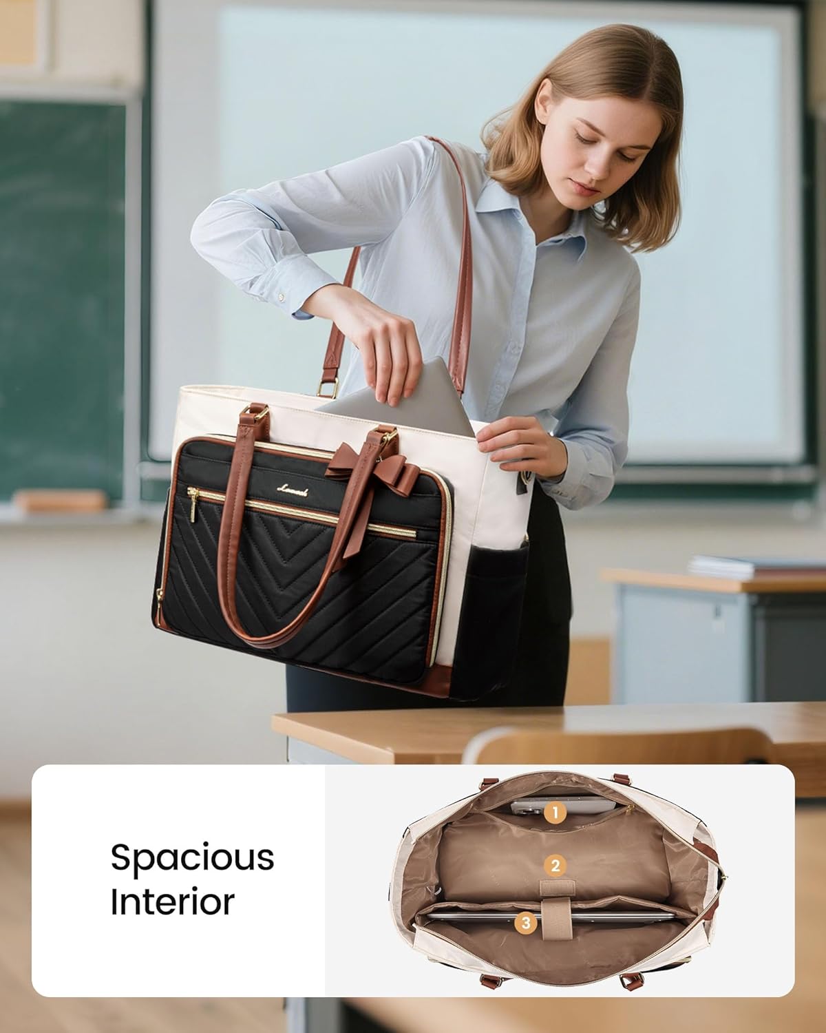 LOVEVOOK Lunch Bag, Tote Bag for Women with Insulated Lunch Compartment, Laptop Bag with Large Capacity & Cup Holder, Work Tote for Teacher, Nurse, Travel, College, Daily, Black-Beige-Brown, 17.3 Inch - Image 2