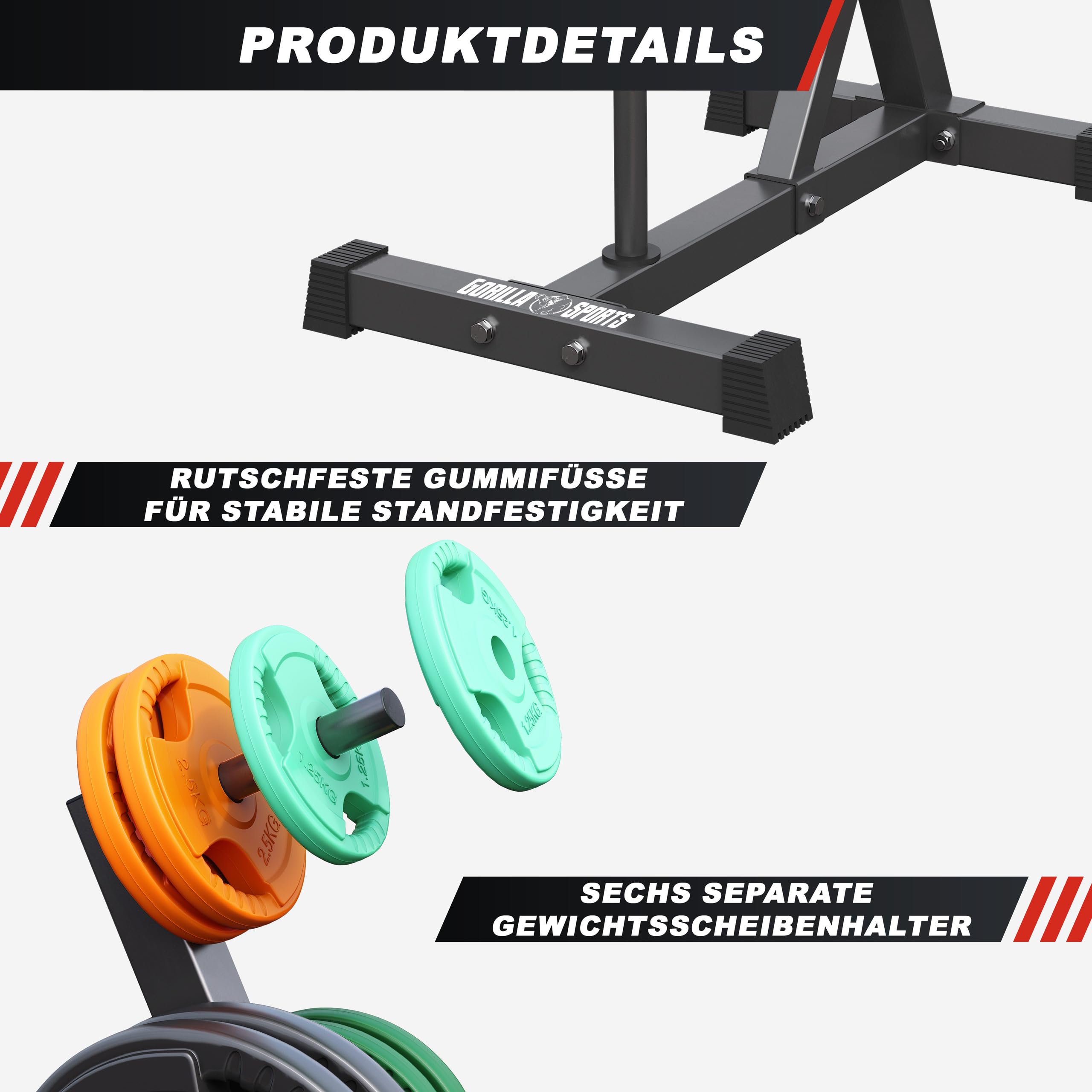 GORILLA SPORTS® Gewichtsständer – mit/ohne Set Hantelscheiben 77,5 kg, 6 Stangen, Ø 30 mm, max. Belastung 200 kg, Stahl, schwarz/weiß – Aufbewahrungsregal für Gewichte, Hanteln, professionell,