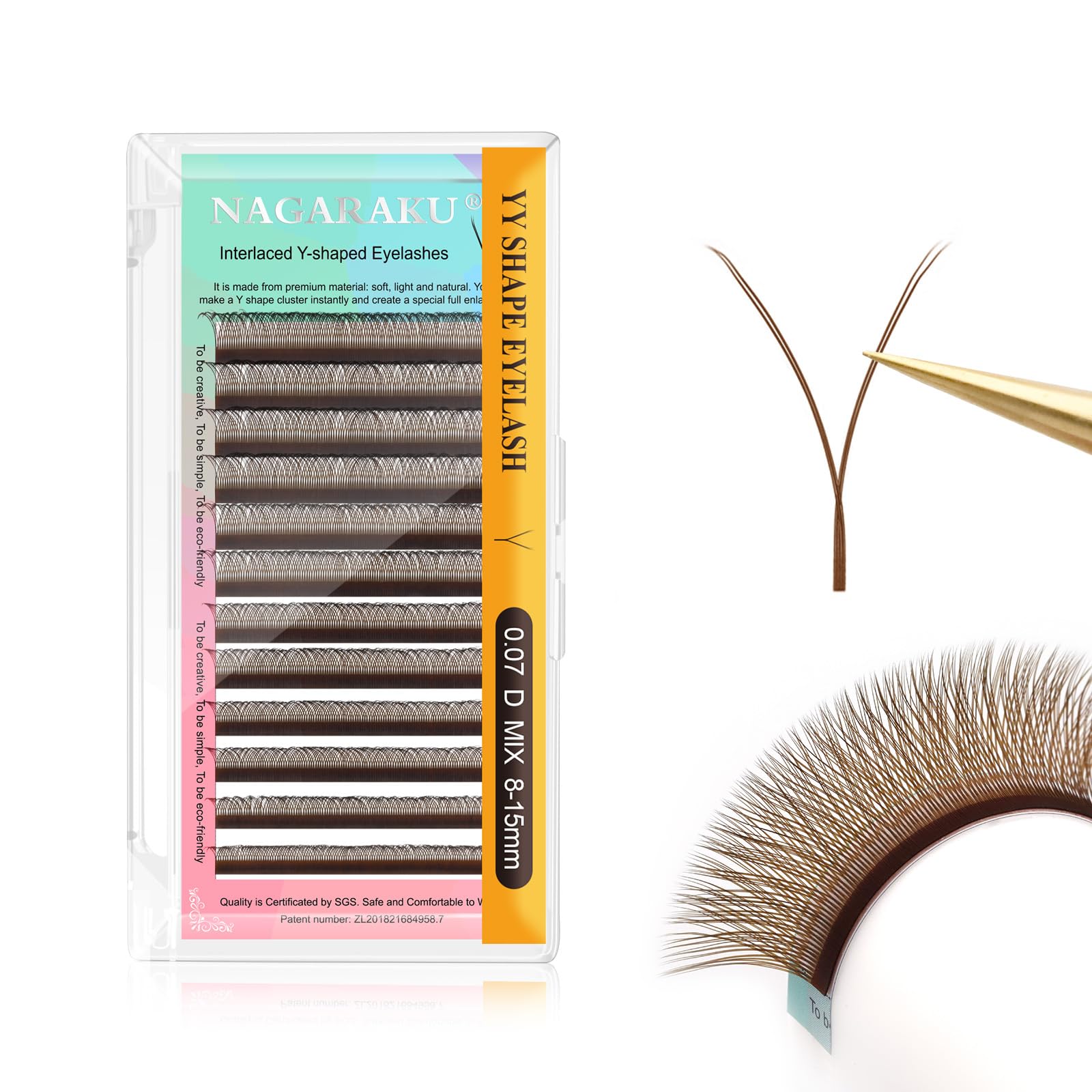 NAGARAKU YY Eyelash Extensions Supplies Light Brown 4D Y Lash Premade Fans Russian Volume Cross Handwoven Y Shaped Mesh Technology Wispy Crisscross Cluster 12 Rows(0.07 D Curl 8-15mm Mix）