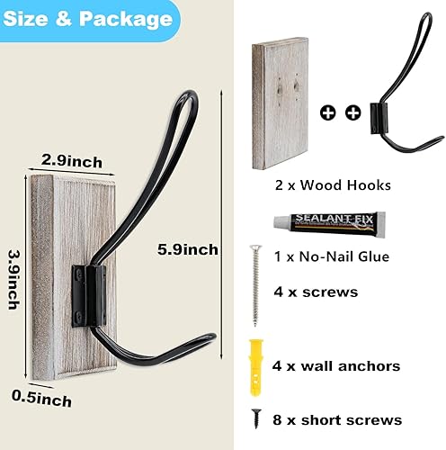 Miniatura 9 de Ganchos dobles para toallas de baño, paquete de 2 ganchos para abrigos de granja montados en la pared, ganchos de pared de madera decorativos