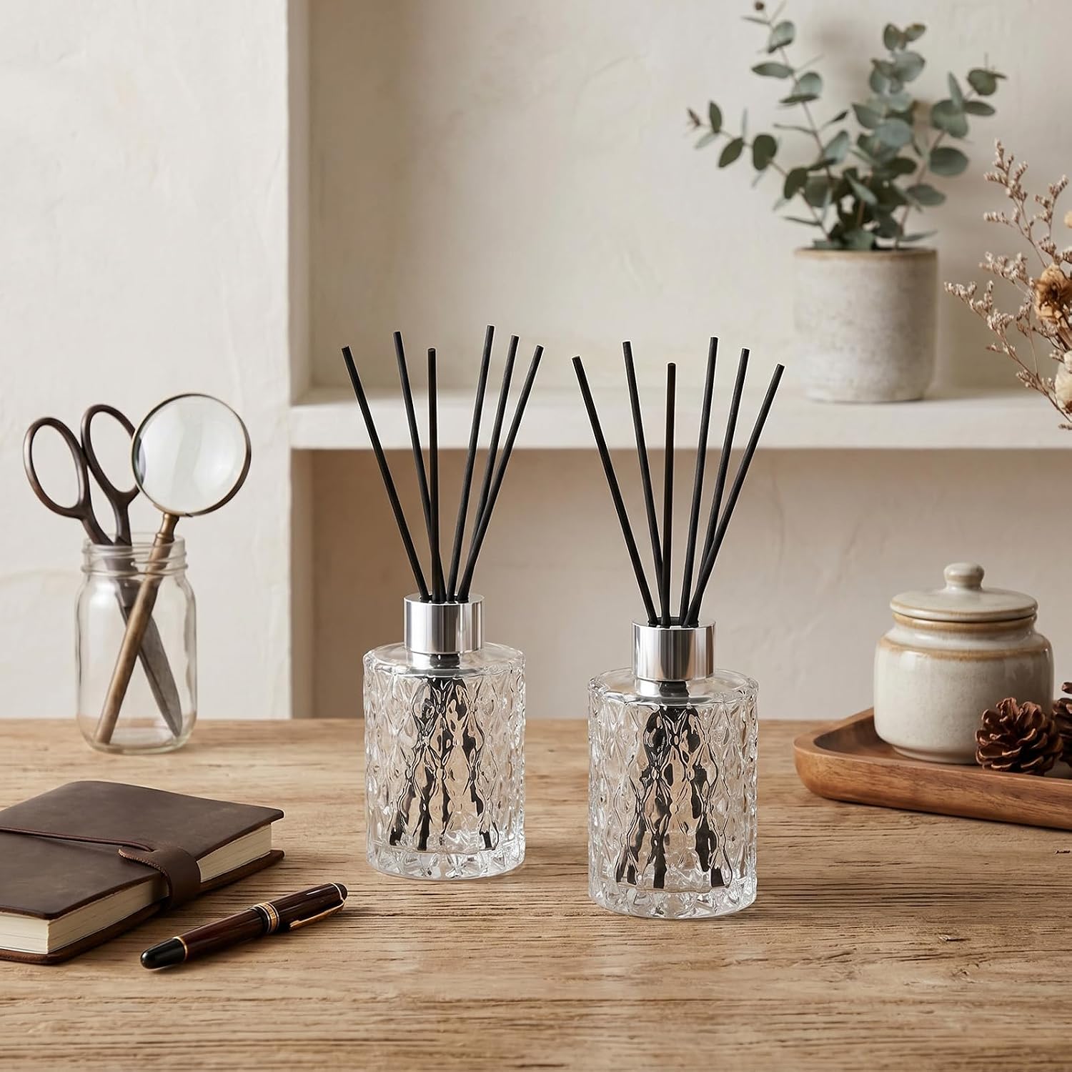 6 Set Empty Reed Diffuser Bottle Set with Stick, 150ml/5oz Clear Glass Diffuser Bottles with Sticks, Black Rattan Reeds & Silver Caps, for DIY Essential Oil, Home Fragrance, Bulk