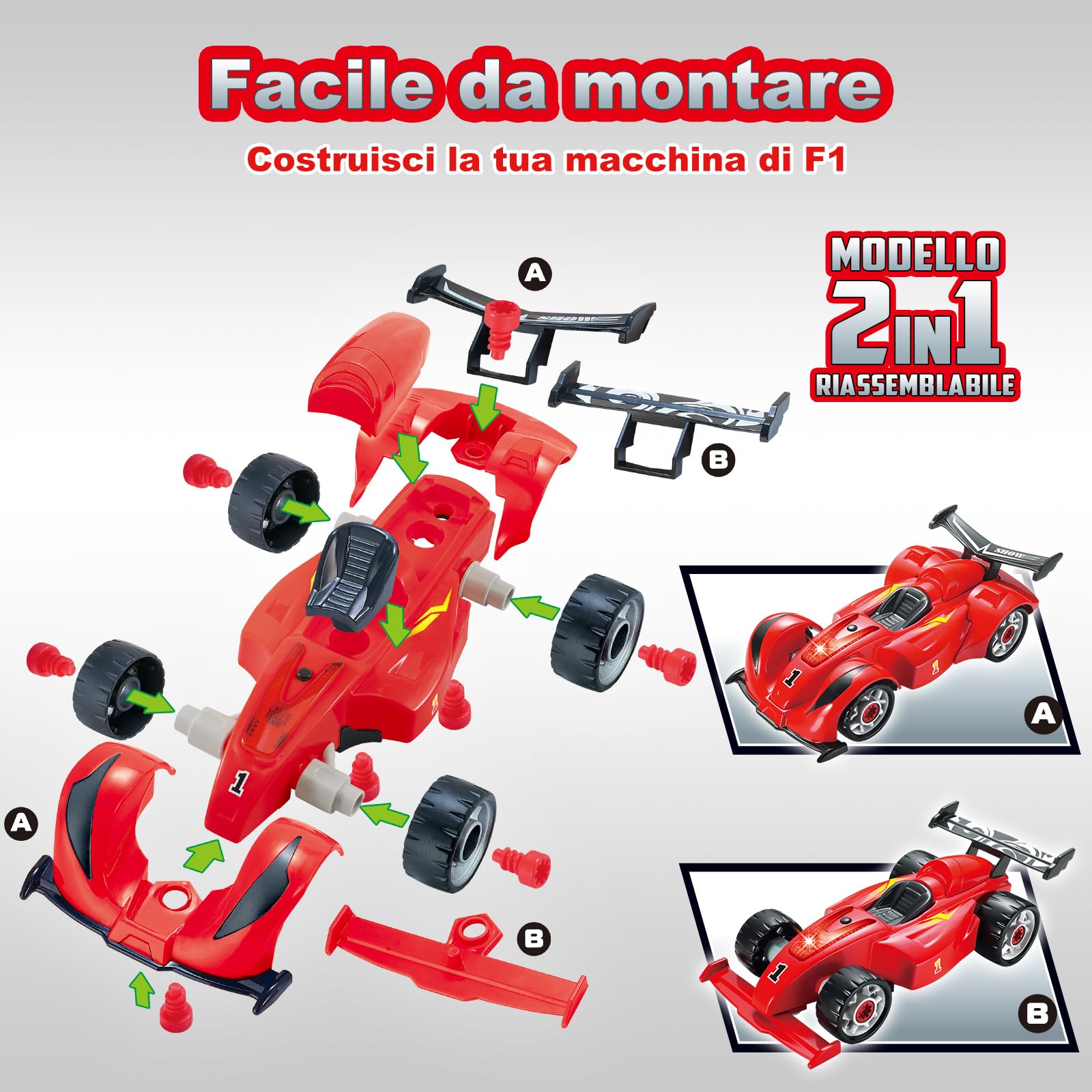 Pup Go Smonta e Rimonta F1 Auto da Corsa per Bambini 3+ Anni, 24 Pezzi con Trapano Elettrico di Simulazione, Suono Realistico e LED, Costruisci Tua Auto Giocattolo, Migliori Regali per Ragazzi (Rosso)