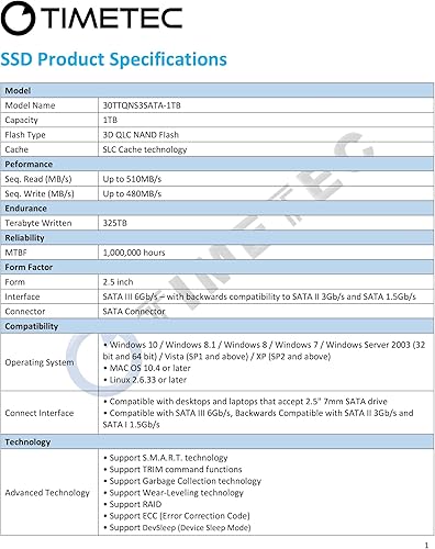 Miniatura 35 de Timetec SSD 3D NAND SATA III 6Gb/s 2.5 pulgadas 7mm (0.28") Velocidad de lectura de hasta 550 MB/s caché SLC Aumento de rendimiento Unidad interna