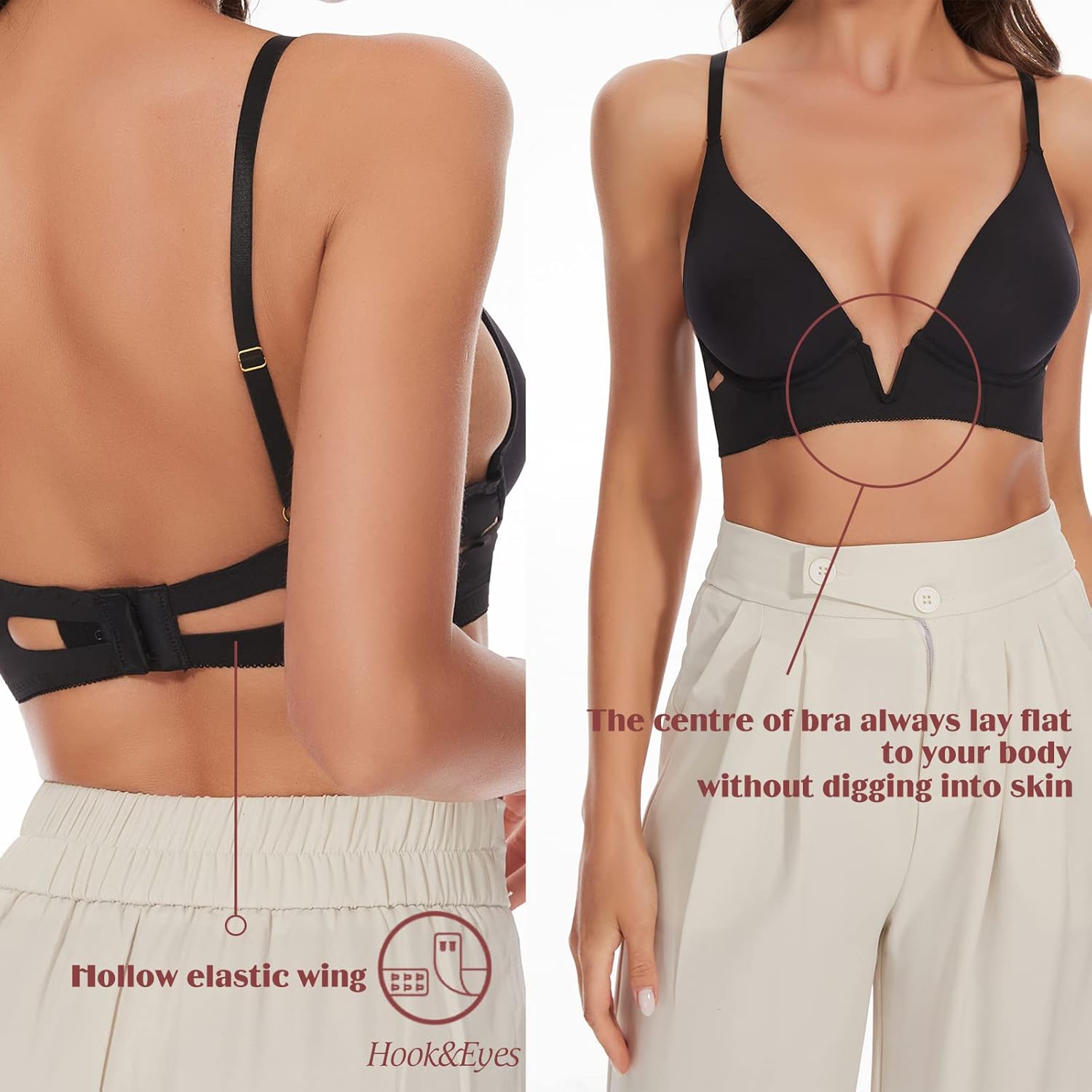 Plunge Bralette, Deep V Low Cut Push Up Bra, Strappy Low Back Bra for Women - Image 3