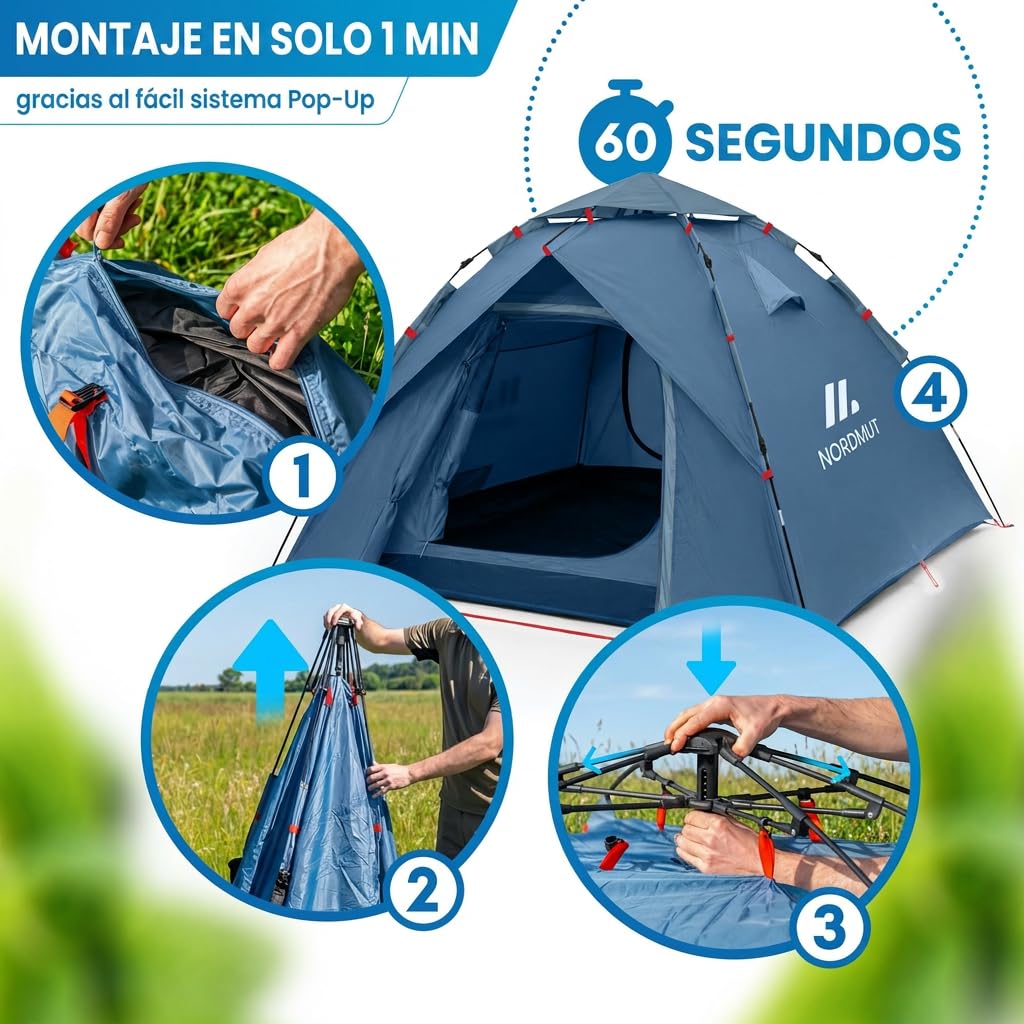 NORDMUT® Tienda Pop-Up 2-4 Personas Impermeable Protección UV Camping