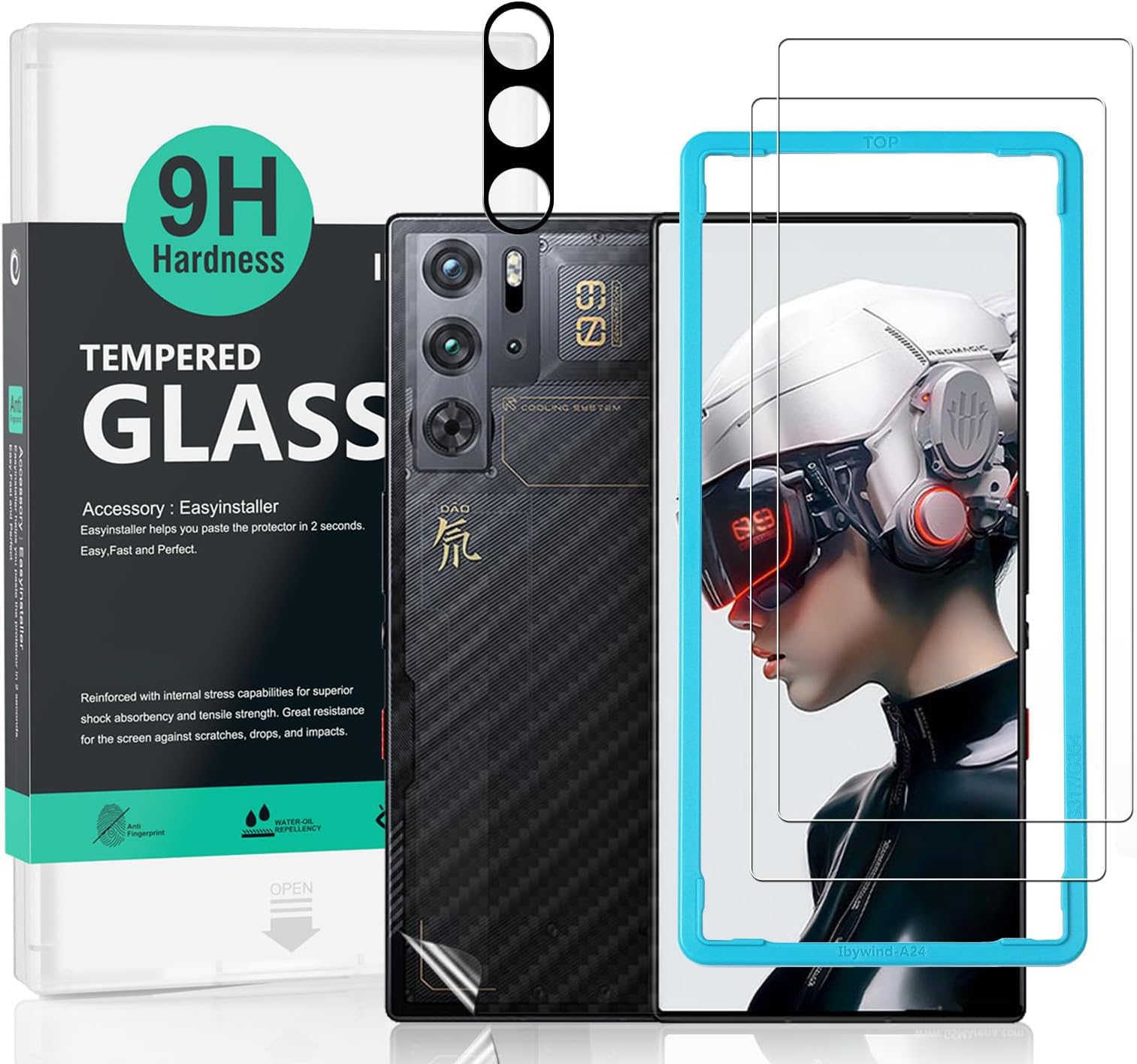 2 Pack Screen Protector For ZTE nubia Red Magic 9 Pro/9 Pro+/9S Pro 5G 6.8",9H Hardness Tempered Glass,With 1Pc Camera Lens Protector,1Pc Back Carbon Fiber Film,Easy to install,HD Clear