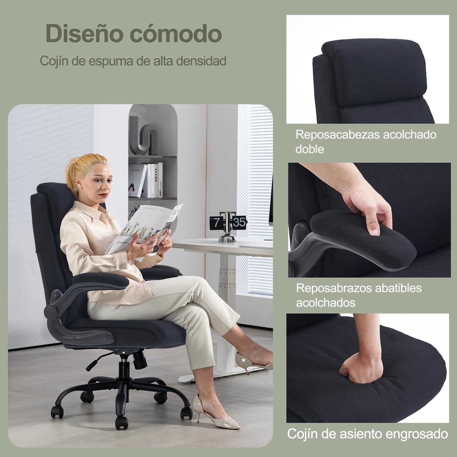 CASTLOVE Silla de oficina ergonómica, silla de escritorio con respaldo, reposabrazos plegable, respaldo alto, altura ajustable, función basculante (silla de oficina, tela, negro, máx. 150 kg)