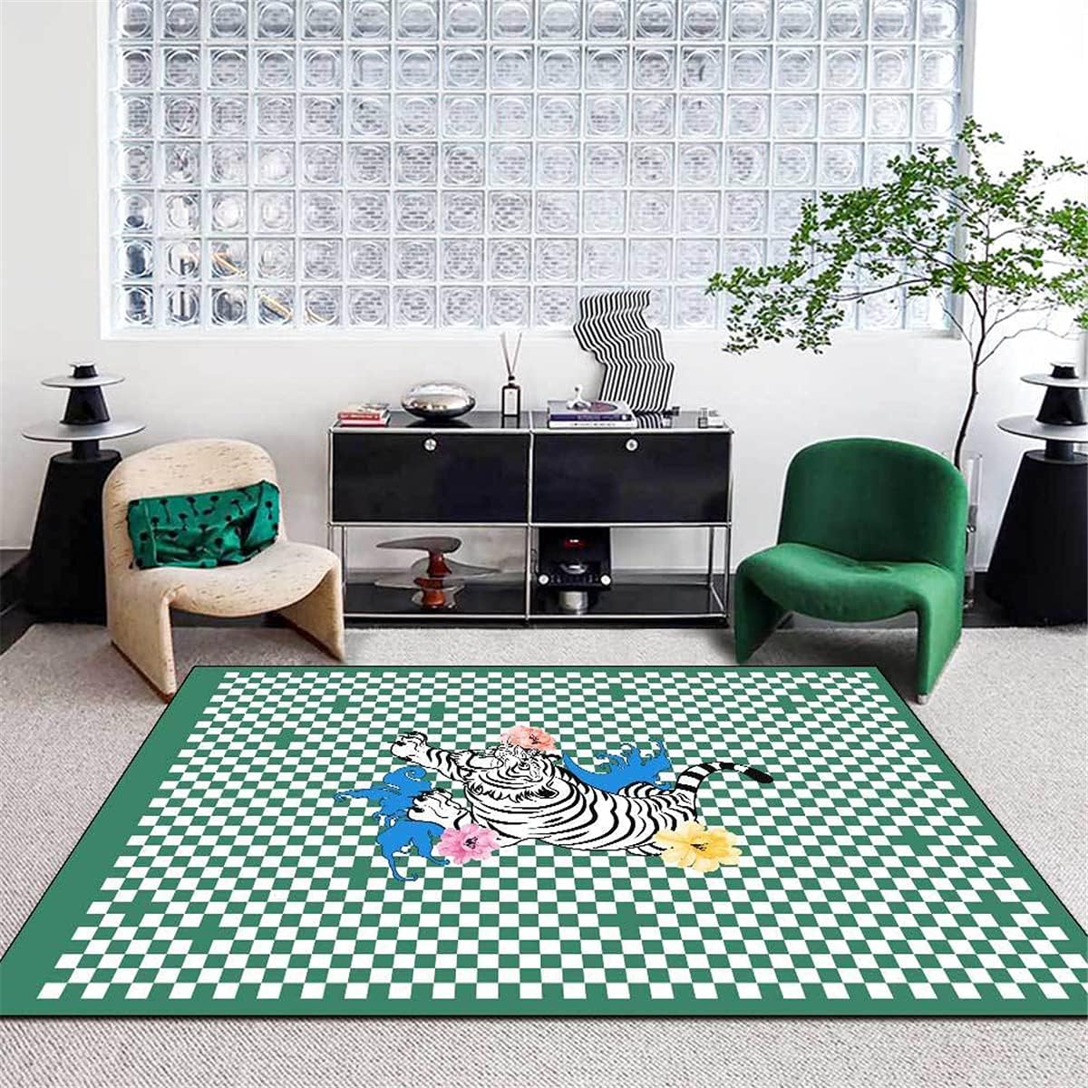 モダンカーペット、エリアラグ、モダンチェッカーボードラティスタイガーフラワーマルチカラー滑り止めカーペットマット、寝室、ベッドサイド