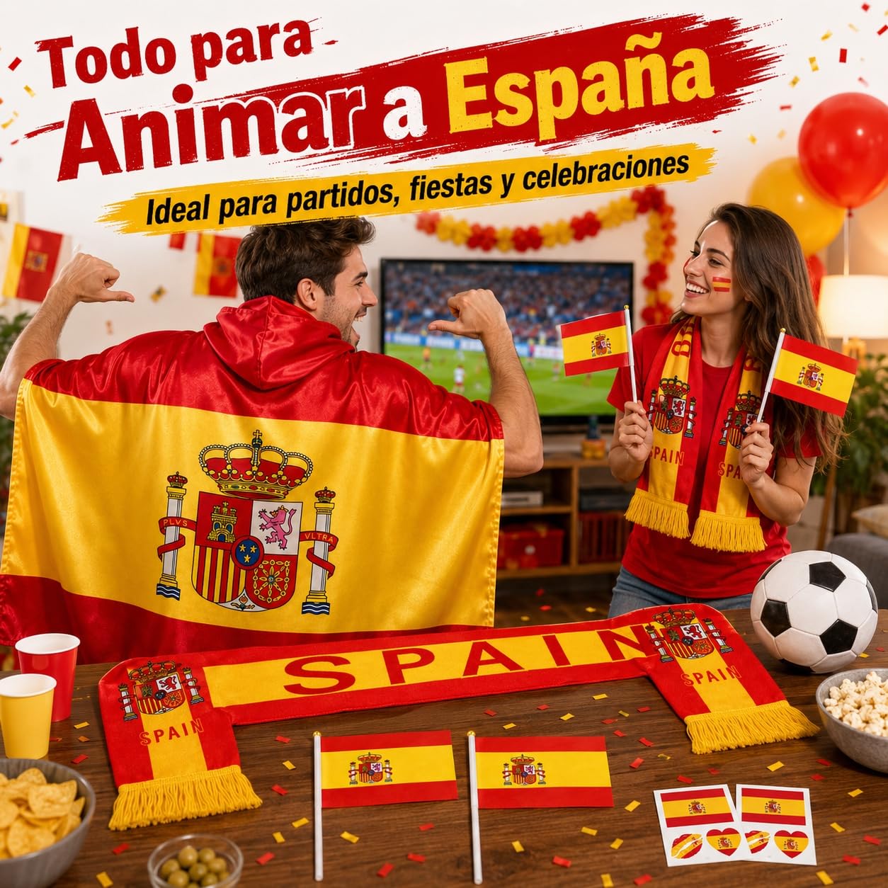 Kit de Animación Mundial 2026 con Capa Bandera de España y Bufanda España Mundial 2026, Pegatinas Faciales y Banderines de Mano para Celebración de Partidos y Estadios por Aficionados