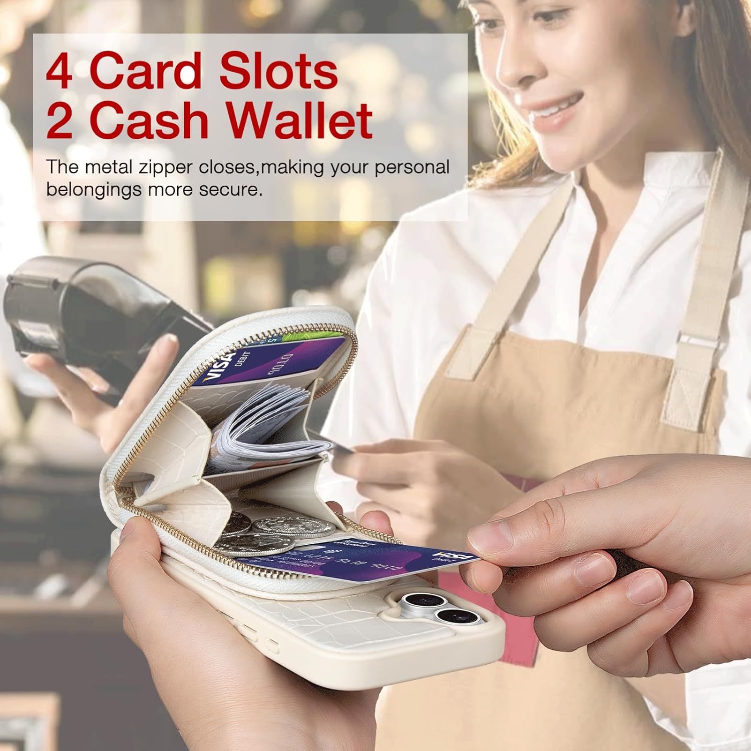 Hanman Magnetic Wallet Case for iPhone 17,RFID Blocking Leather Zipper Purse Magnetic Case with Chain Patche for iPhone 17,2 in 1 Detachable Magnetic Wallet Cover-Beige