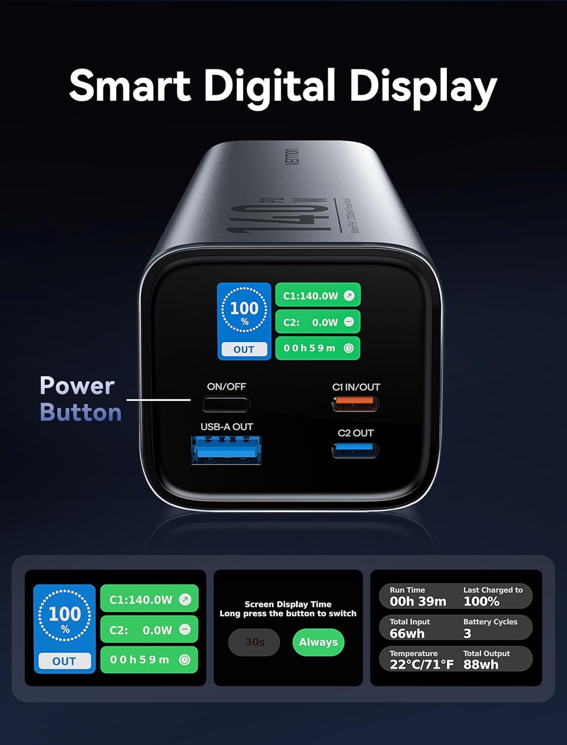 Close-up of the VENTION power bank's smart digital display showing charging information and power button