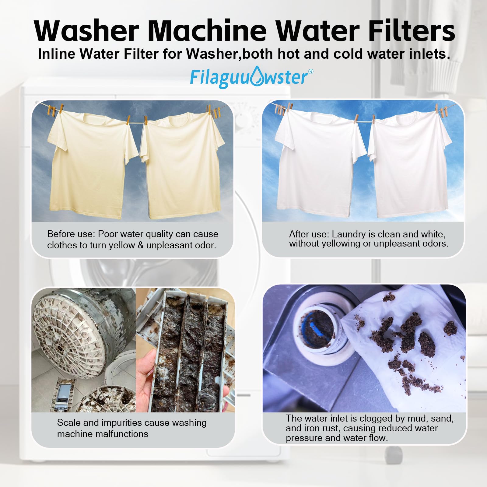 Filtro de agua de 1 micra en línea para lavadora, eliminación de cloro > 99% cuidado de la piel y el cabello, filtro de agua de carbono para lavadora para reducir el olor, filtro de