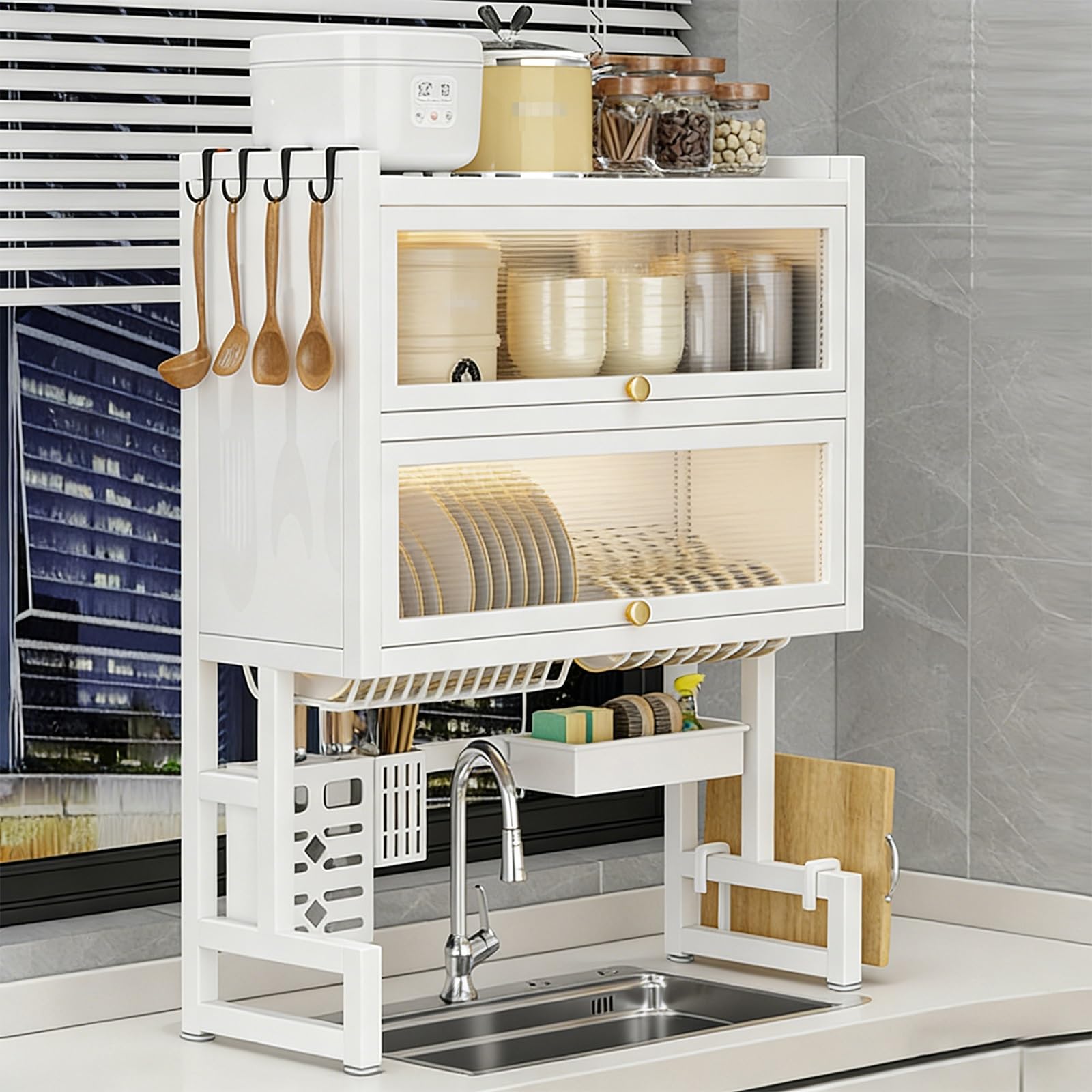 THNSAWX Over Sink Dish Drying Rack with Acrylic Door, Metal Dish Drainer Rack, Multifunctional Kitchen Counter Organizers Shelf, for Plates, Bowls, Cutlery(White 2 Tier,75cm/29.5in)