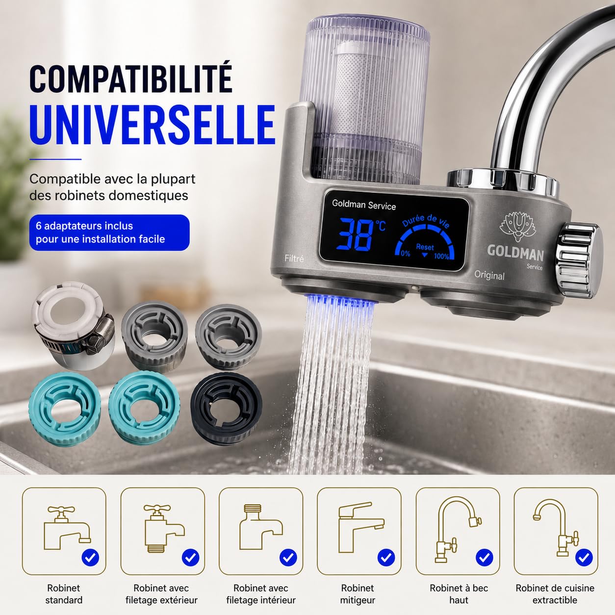 GOLDMAN SERVICE Filtre purificateur d'eau pour robinet avec écran numérique, indicateur de température en temps réel, filtre de rechange inclus et 6 adaptateurs universels