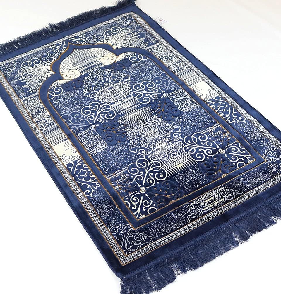 Modefa Prayer Mat | Turkish Velvet Muslim Prayer Rug Muslim Prayer Mat Islam | Soft Beautiful Prayer Rug Janamaz Sajjadah with Car Hanger | Classic Elegant Swirl (Navy Blue)