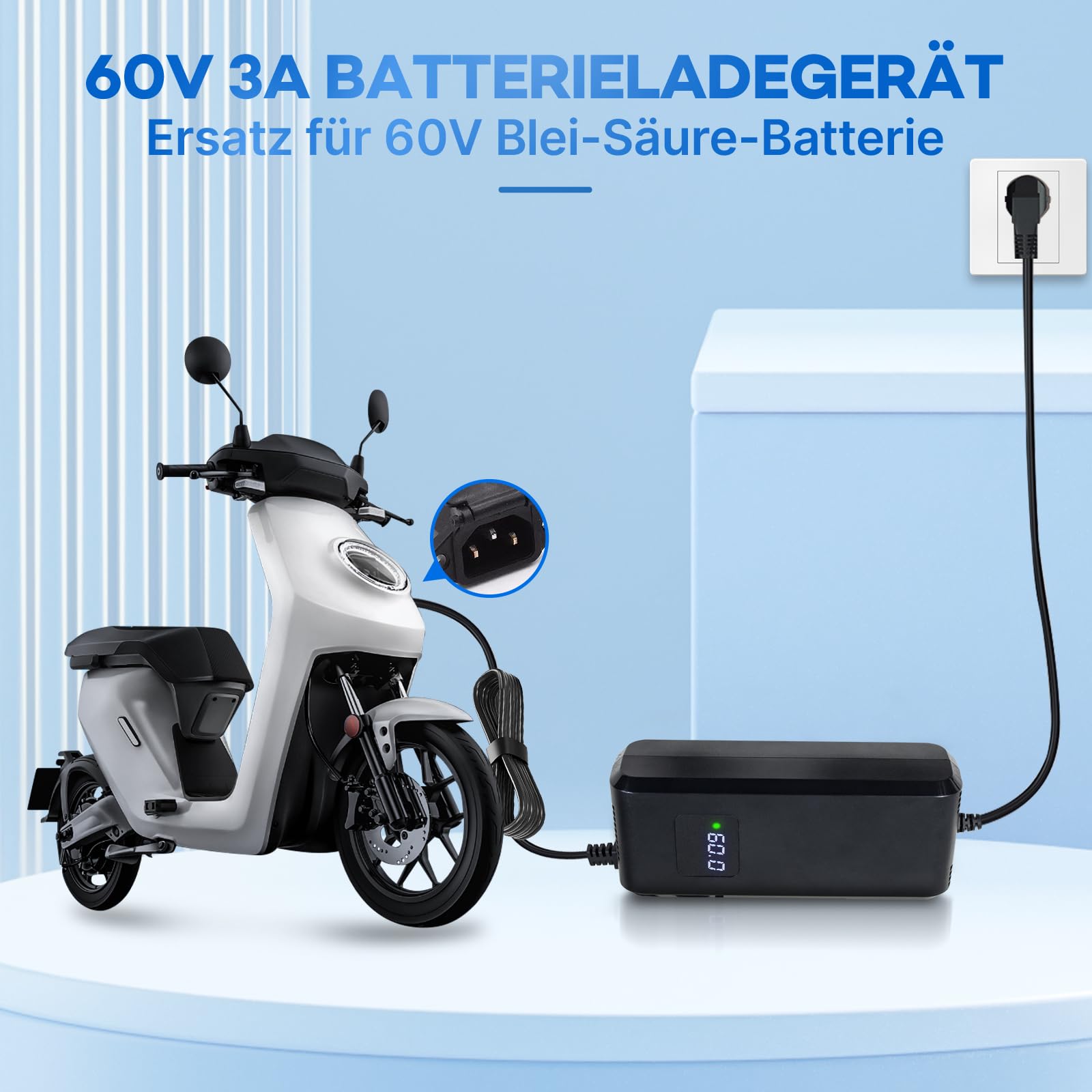 Cargador de batería de plomo ácido 60 V 20 Ah para scooters eléctricos, cargador de CA y CC con pantalla de enchufe de 3 pines