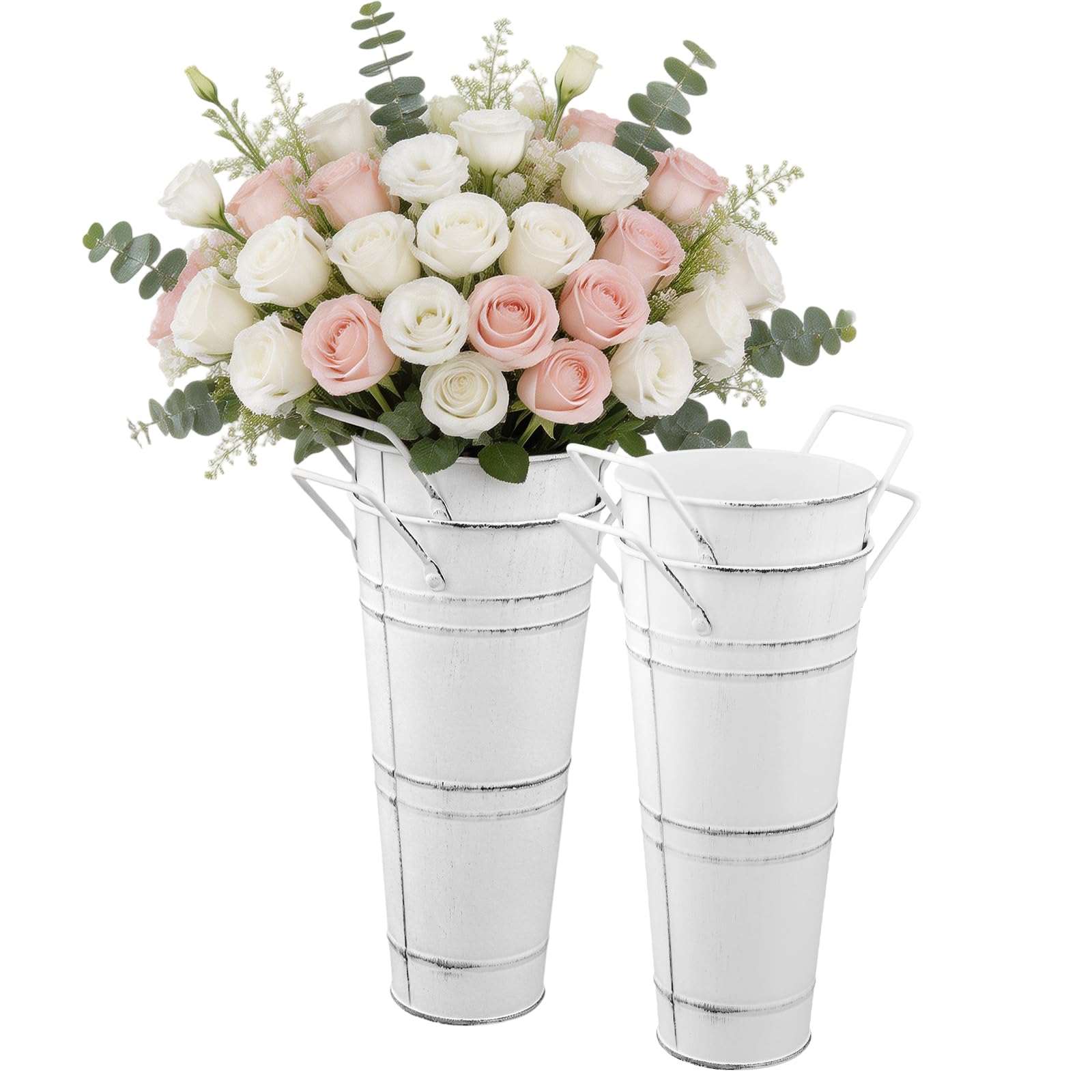MANCHAP 4 Pack 23cm Vintage Galvanized Metal Vases with Handles, White, 9 Inch Flower Bucket for Home and Wedding Decor