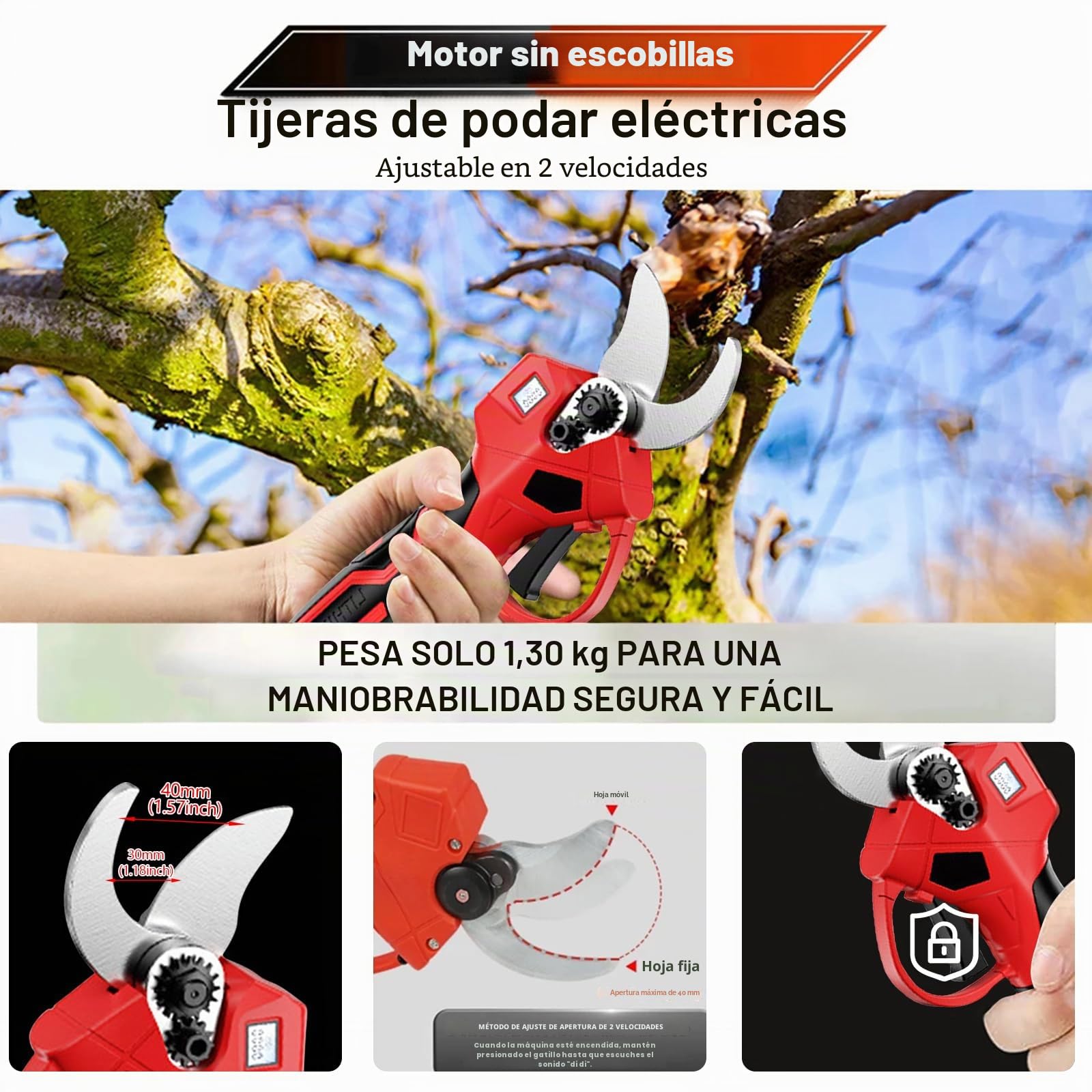 Tijeras de Poda Eléctricas Inalámbricas, batería de 40mm astschere diámetro de corte, baterías de 21V 2000mAh y juego de cuchillas de repuesto, 6–8 horas de trabajo, Astschere para podadora, tijeras