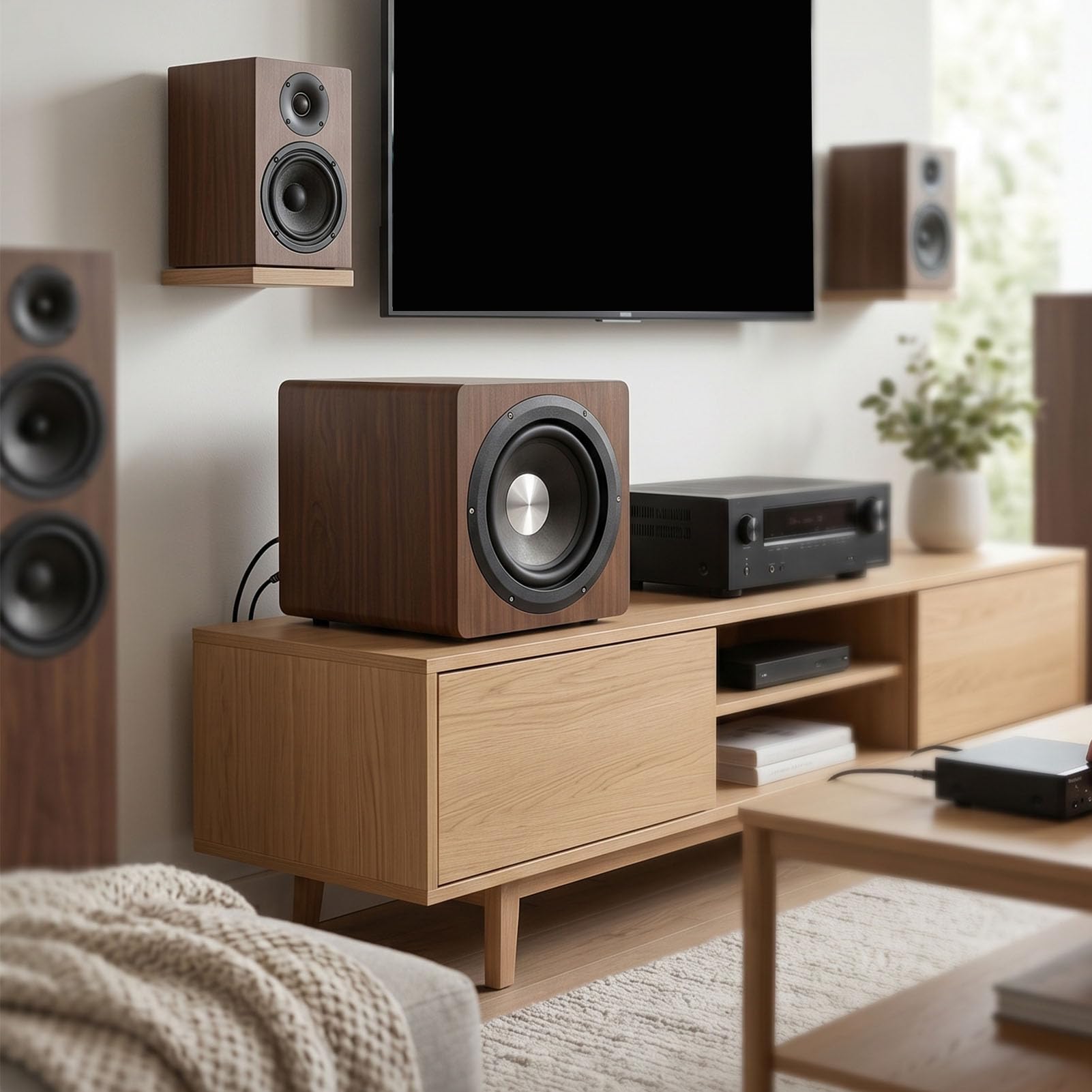 Asixxsix Subwoofer Amplificato da 6,5 ​​pollici 100 W RMS 150 W PMPO, Colore Rovere (Spina europea)