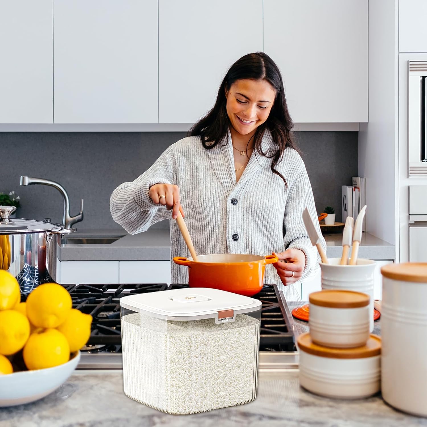 Grain Storage - Dry Food Container with Rice Dispenser | Transparent Large Capacity Bucket with Pour Spout, Secure Lid & Countertop Friendly Design for Rice, Oats, Lentils, and Bulk Grains in Kitchen