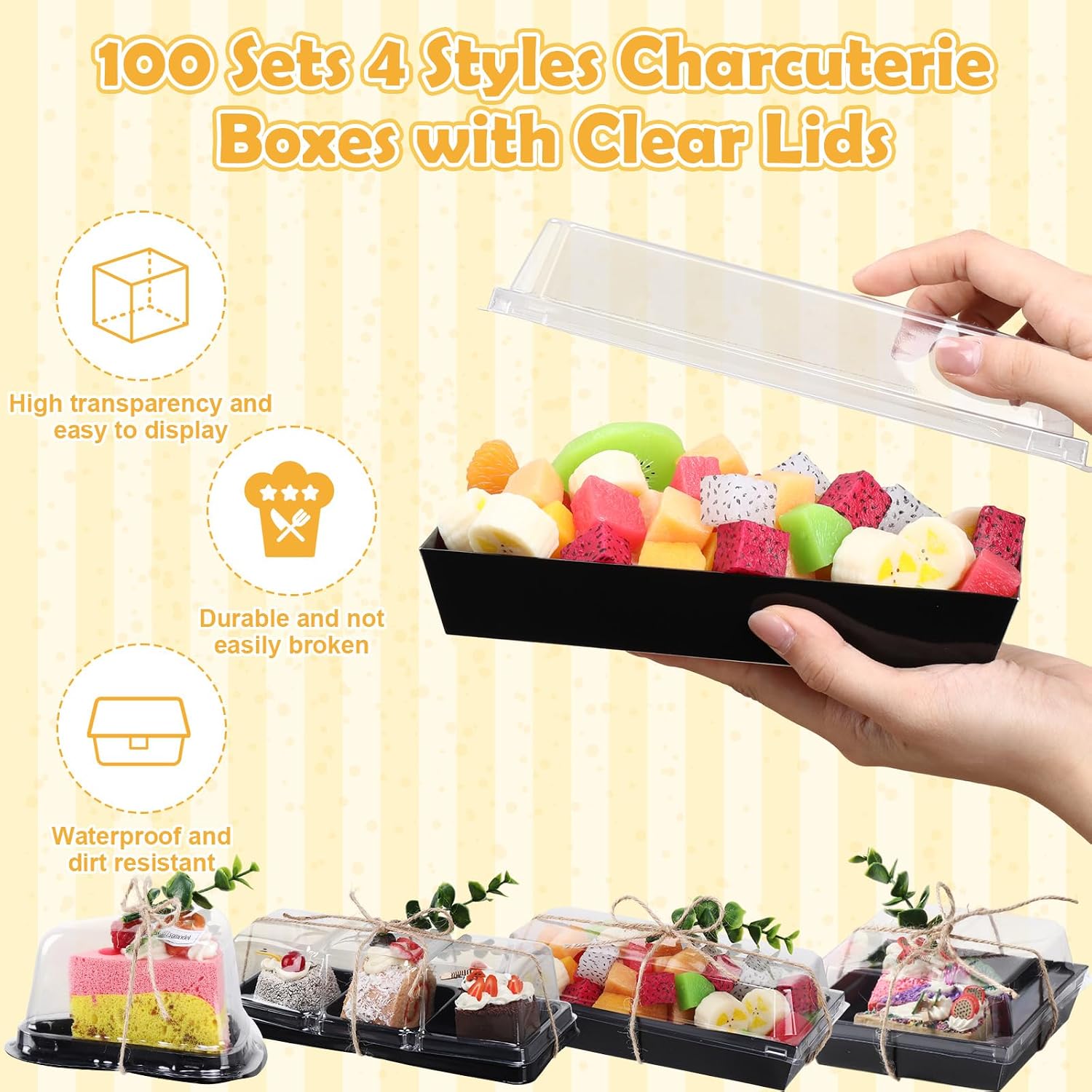 LemonRoad 100 Sets 4 Styles Charcuterie Boxes with Clear Lids Cake Slice Containers with Eucalyptus Leaves Plastic Bakery Packaging Supplies for Cake Snack Dessert Cookie Sandwich(Black)