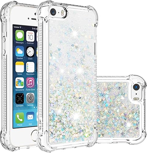 Funda compatible con iPhone 5S, funda transparente líquida con purpurina flotante de arena movediza a prueba de golpes, funda protectora de silicona