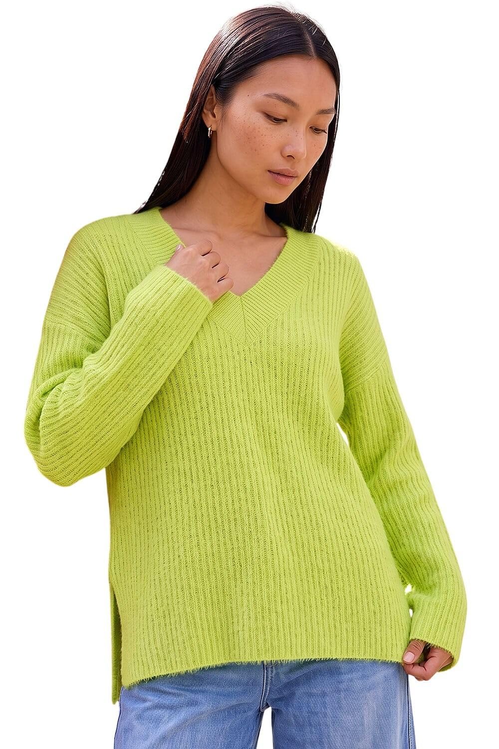 Roman Originals Plain V-Neck Fluffy Knit Jumper for Women UK - Ladies Everyday Autumn Winter V-Neckline Comfy Soft Evening Vacation Work Party Night Out