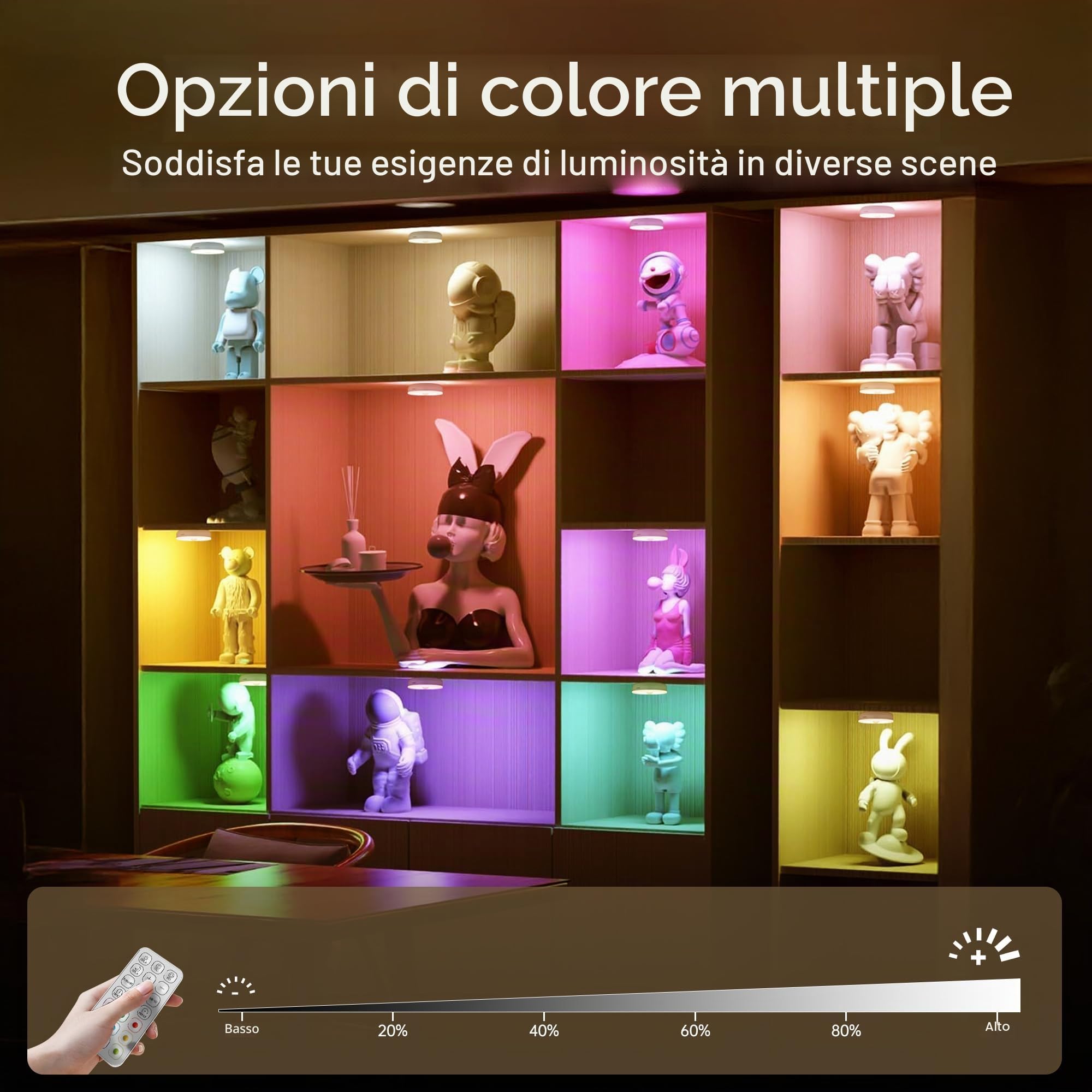 Homelist NL4 Luci LED RGB per vetrine con telecomando, 6 pezzi | Luci notturne ricaricabili con sensore di movimento per scale, cucine, camere da letto e bagni