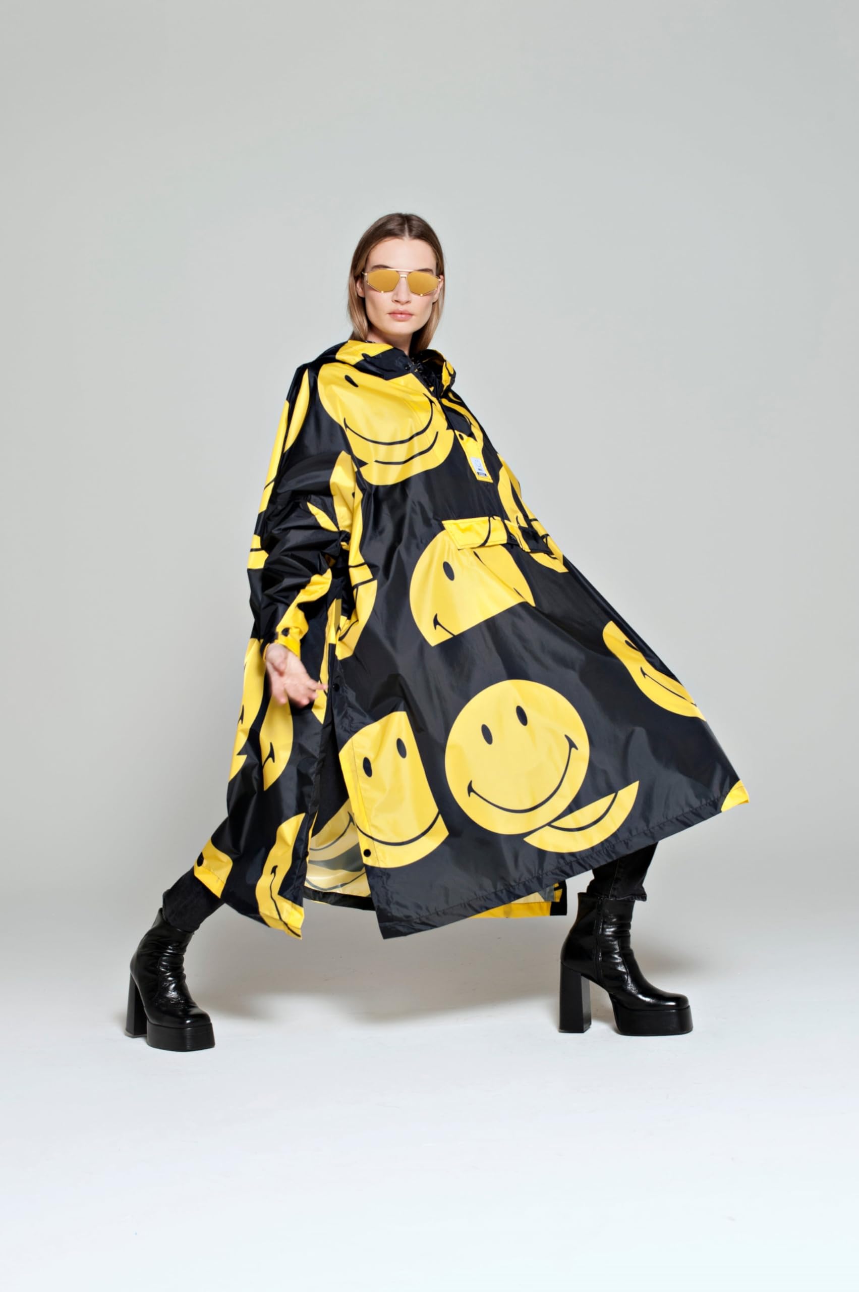 Rainkiss Poncho de pluie All Smiles, noir, jaune, Einheitsgröße Tall