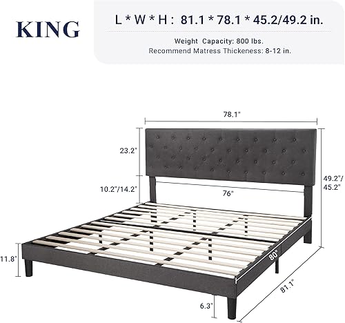 Miniatura 2 de Allewie Base de cama Queen con cabecera ajustable botón cosido de diamante marco de cama tapizado de tela soporte de listones de madera no necesita