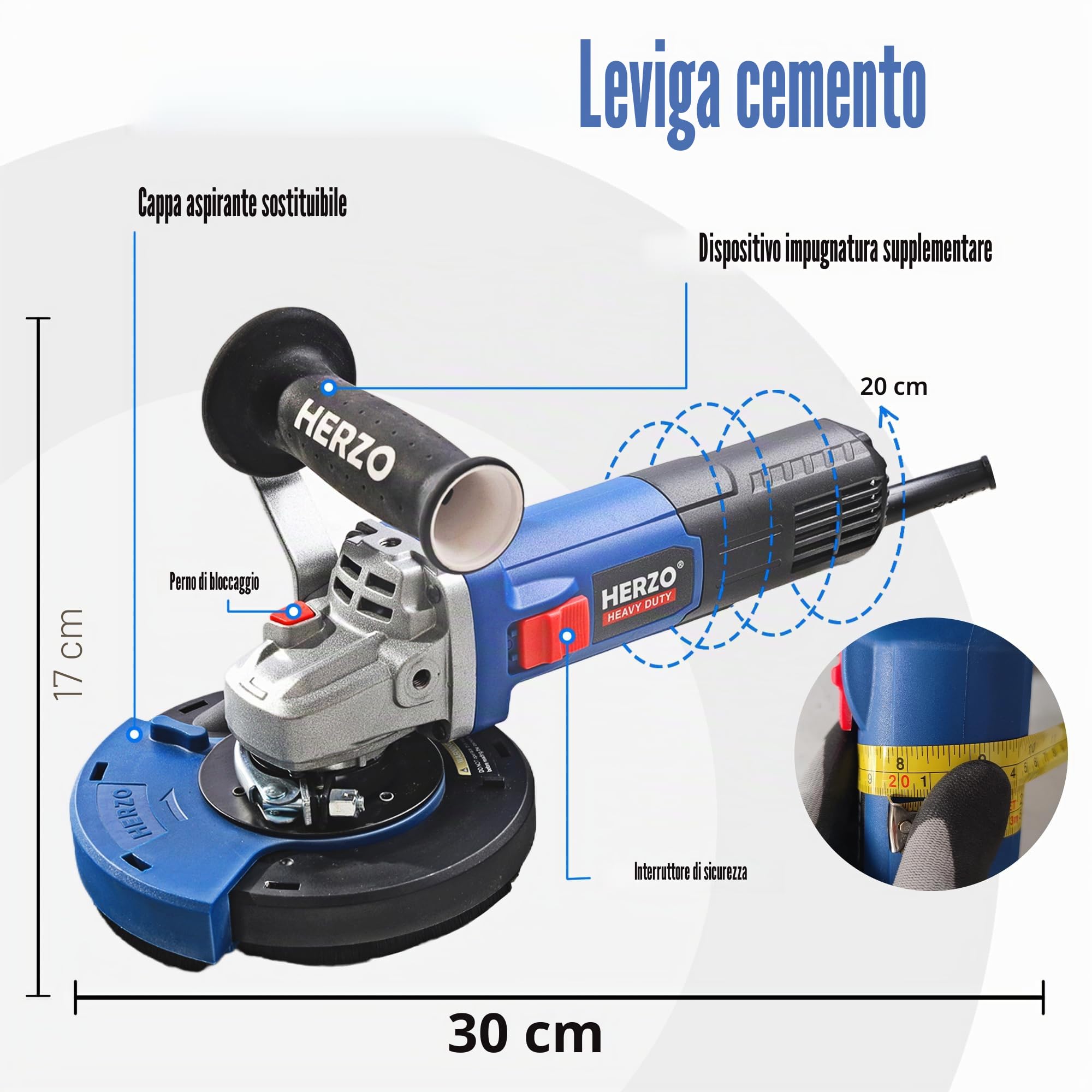 Smerigliatrice per calcestruzzo1400W,HERZO set con mola diamantata e cappa di aspirazione (125 mm)