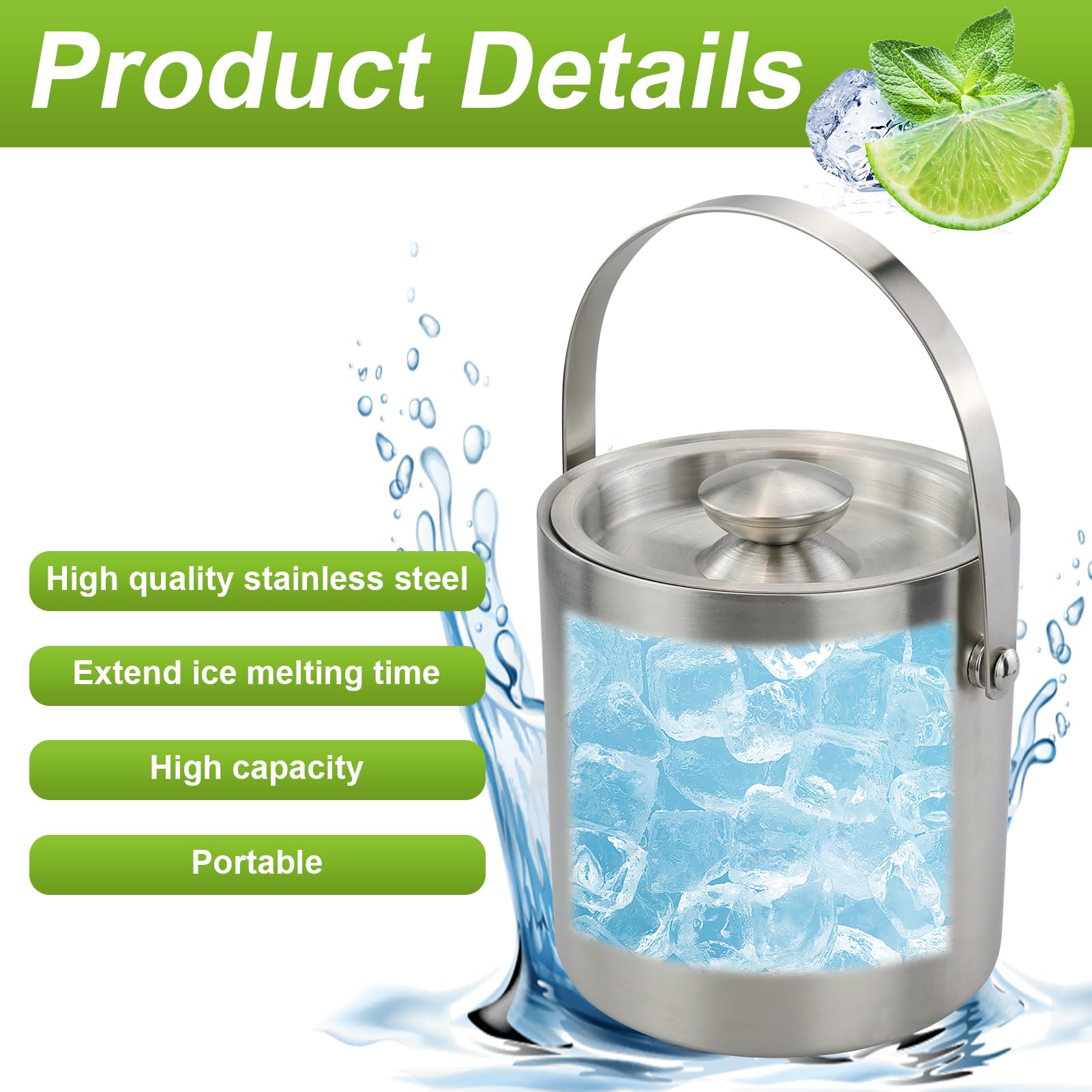 Cubiteras Acero Inoxidable, 2L Cubo de Hielo con Pinza y Tapa, Cubiteras para Hielo con Aislamiento de Doble, para Enfriador
