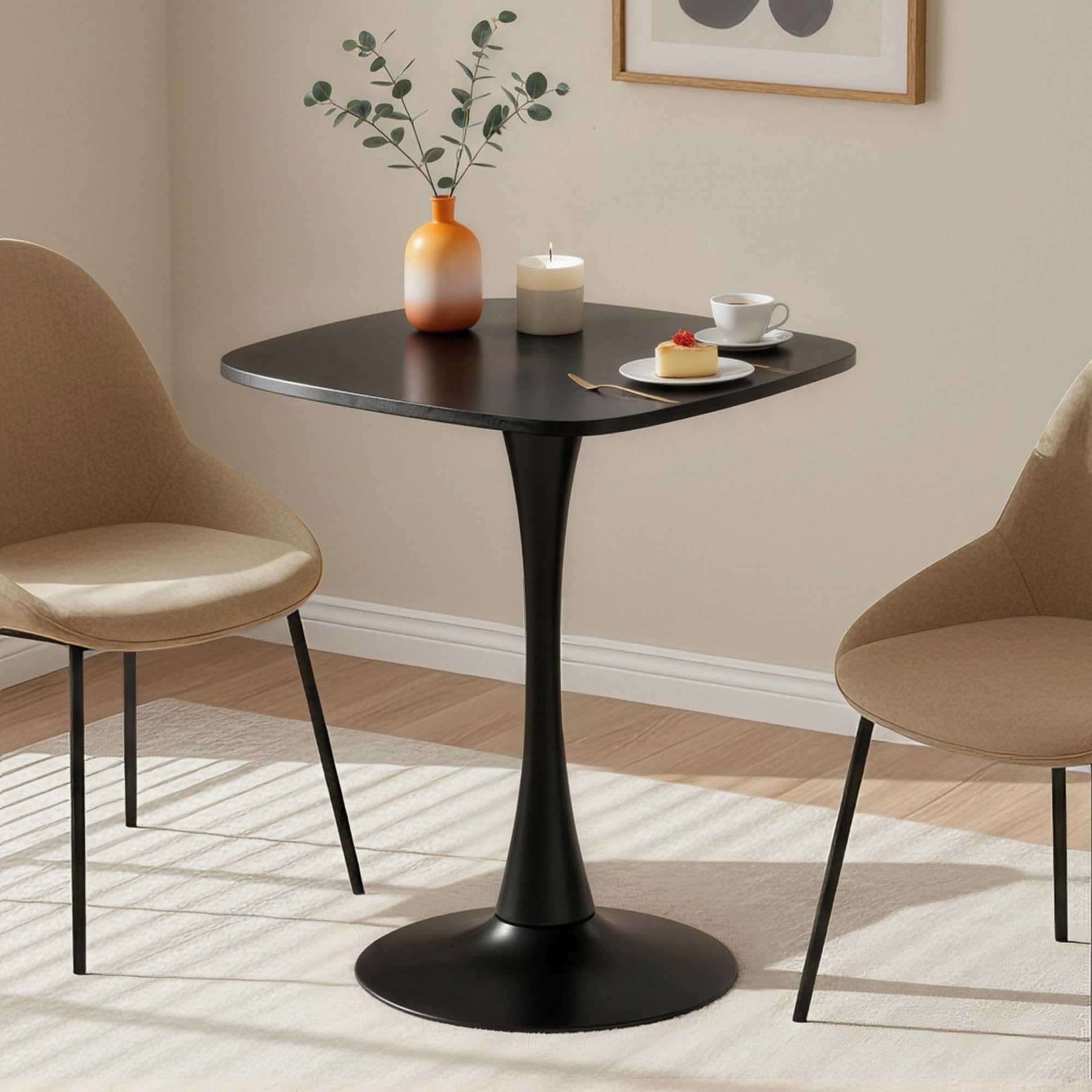 Black Square Dining Table,24" Tulip Table with Metal Pedestal,15-Minute Quick Assembly,Mid Century Modern Leisure Table for Kitchen Small Places Cafe (Black)