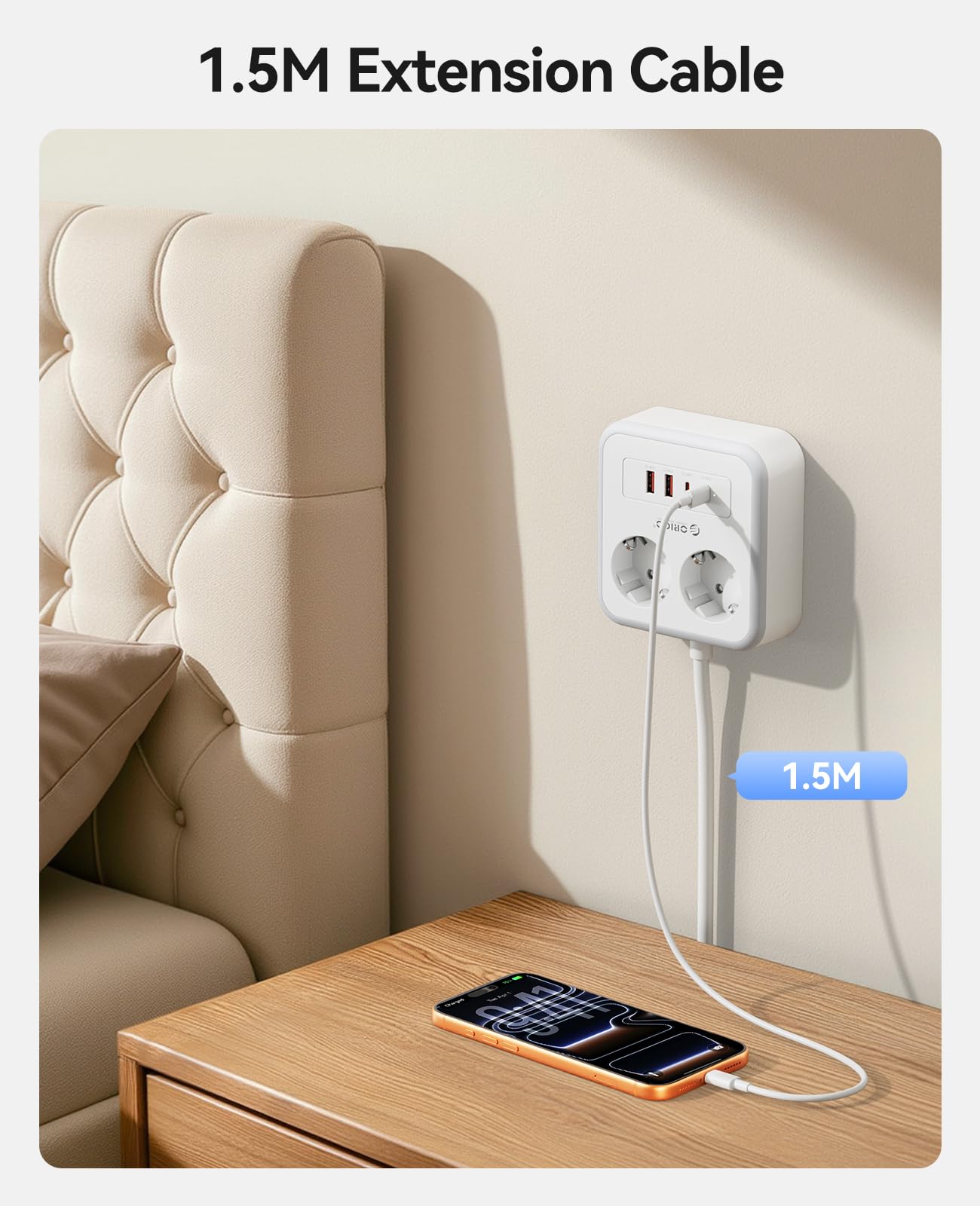 ORICO Regleta Enchufes con USB C (20W PD), Regleta Escritorio con 2 Tomas CA y 4 Puertos USB (2 USB-C+ 2USB-A), Base Antideslizante, Cable de 1,5m, 2500W, para Teletrabajo, Oficina y Hogar, Blanco-APD — view 4