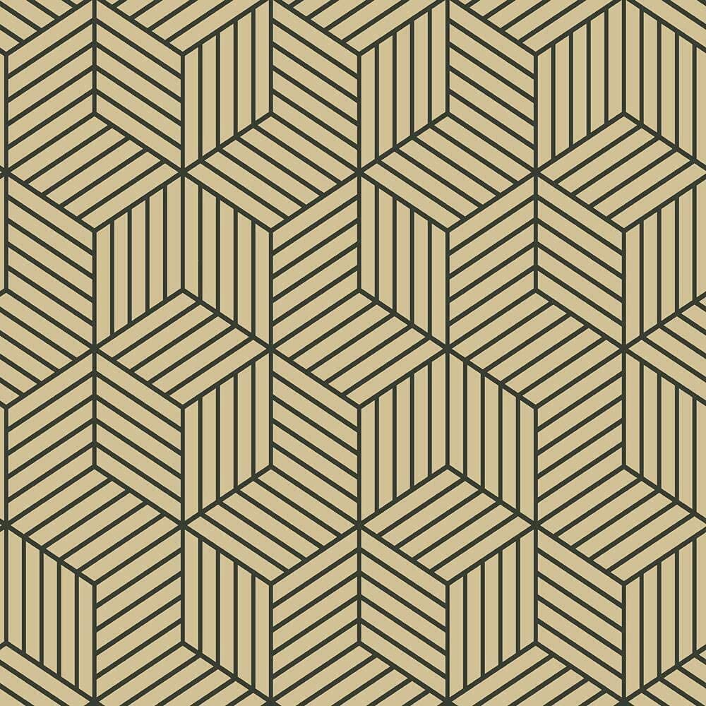 RoomMates RMK10707WP Metallic Gold and Black Striped Hexagon Peel and Stick Wallpaper