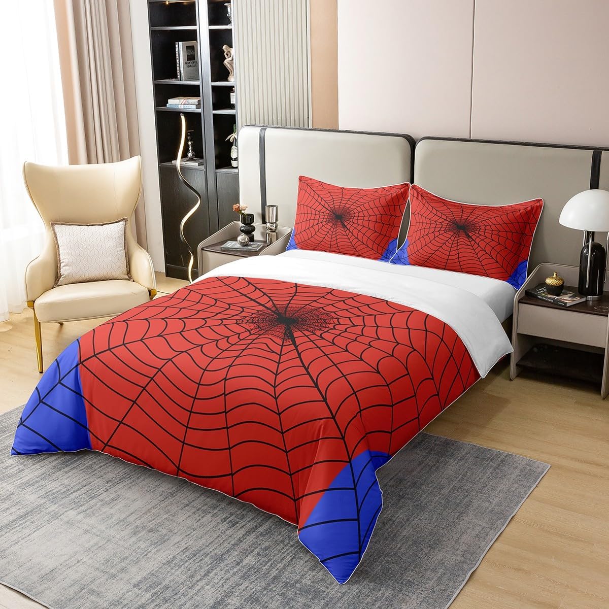 Castle Fairy Spider Web Duvet Cover Nature Cotton Twin for Teens Youth,Boys Girls Halloween Spider Red Blue Comforter Cover (Not Comforter),Cartoon Abstract Spider Web Lines Super Soft Bedding
