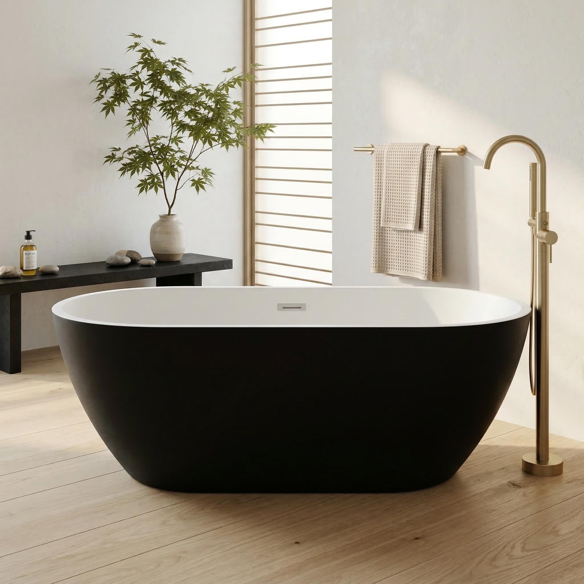 Photo 1 of *MAJOR DAMAGE*
GarveeHome 59 Inch Acrylic Freestanding Bathtub, Deep Soaking Tub with White Interior Black Exterior, Oval Stand Alone Acrylic Bathtub, Simple Clean Modern Tub for Home, Apartment, Bath, Chrome Drain