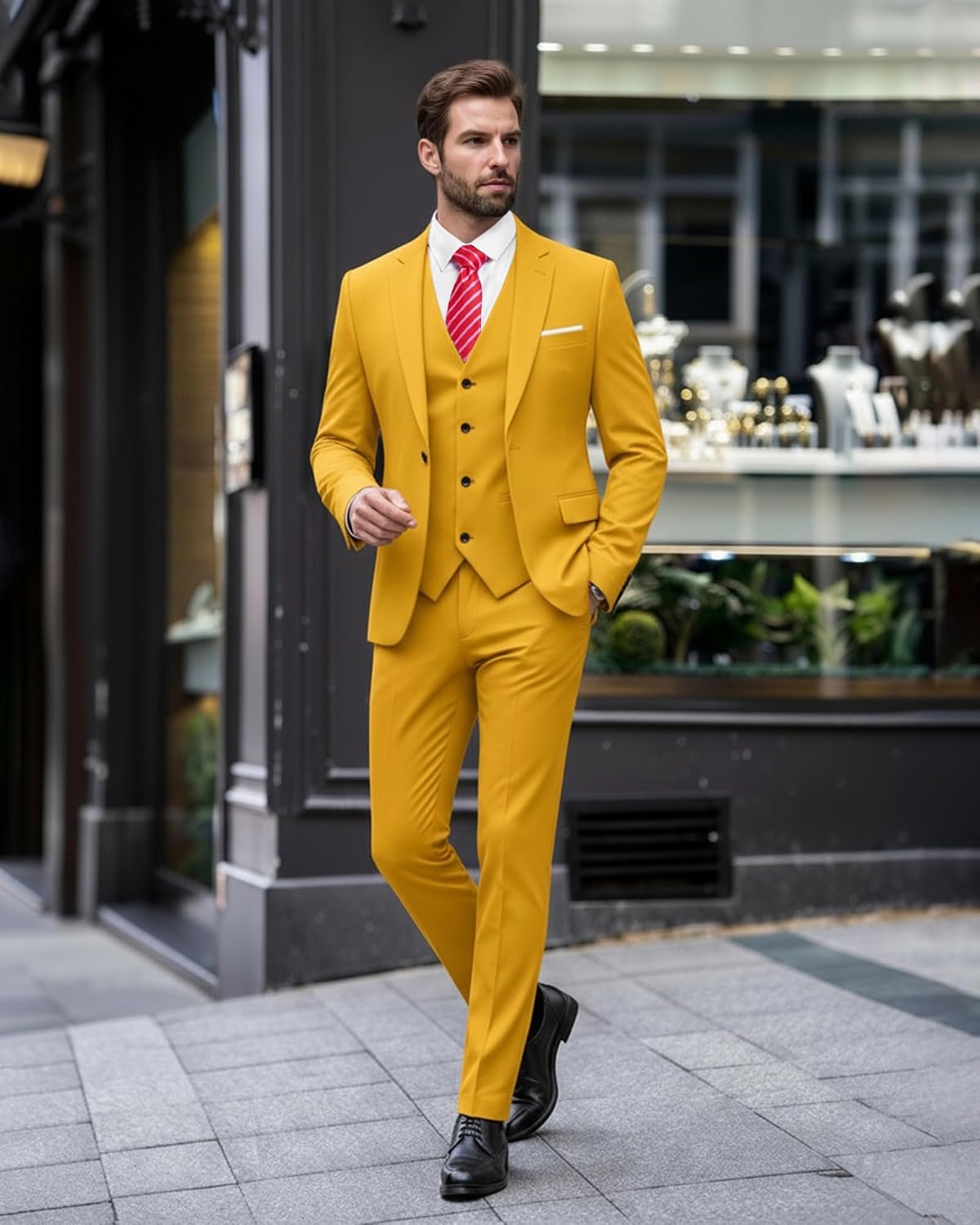 EastSide Men's Slim Fit 3 Pieces , One Button Sets Vest Pants Coat Suit, Yellow, X-Small