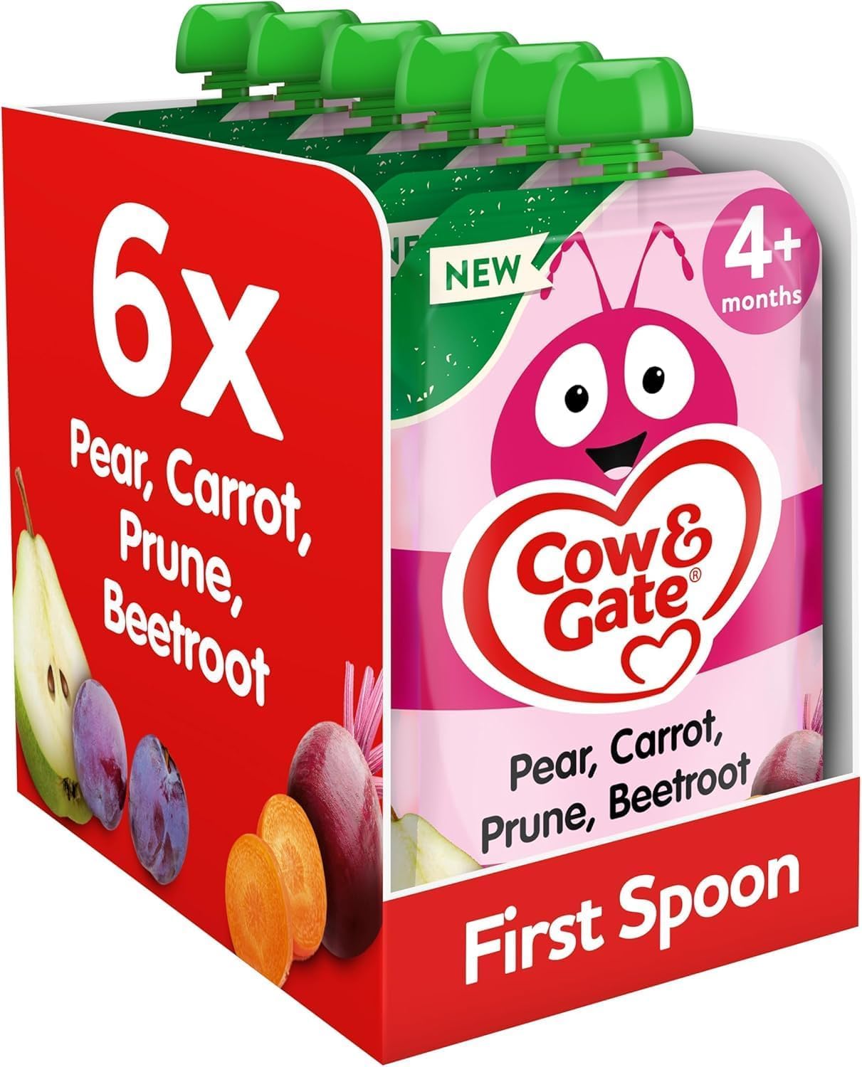 Cow & Gate Baby Food Pouches - Pear Carrot Prune & Beetroot - Baby Snacks for Weaning, Toddlers and Kids - Fruit Pouch Multipack - 4+ Months - 100g (Pack of 6)