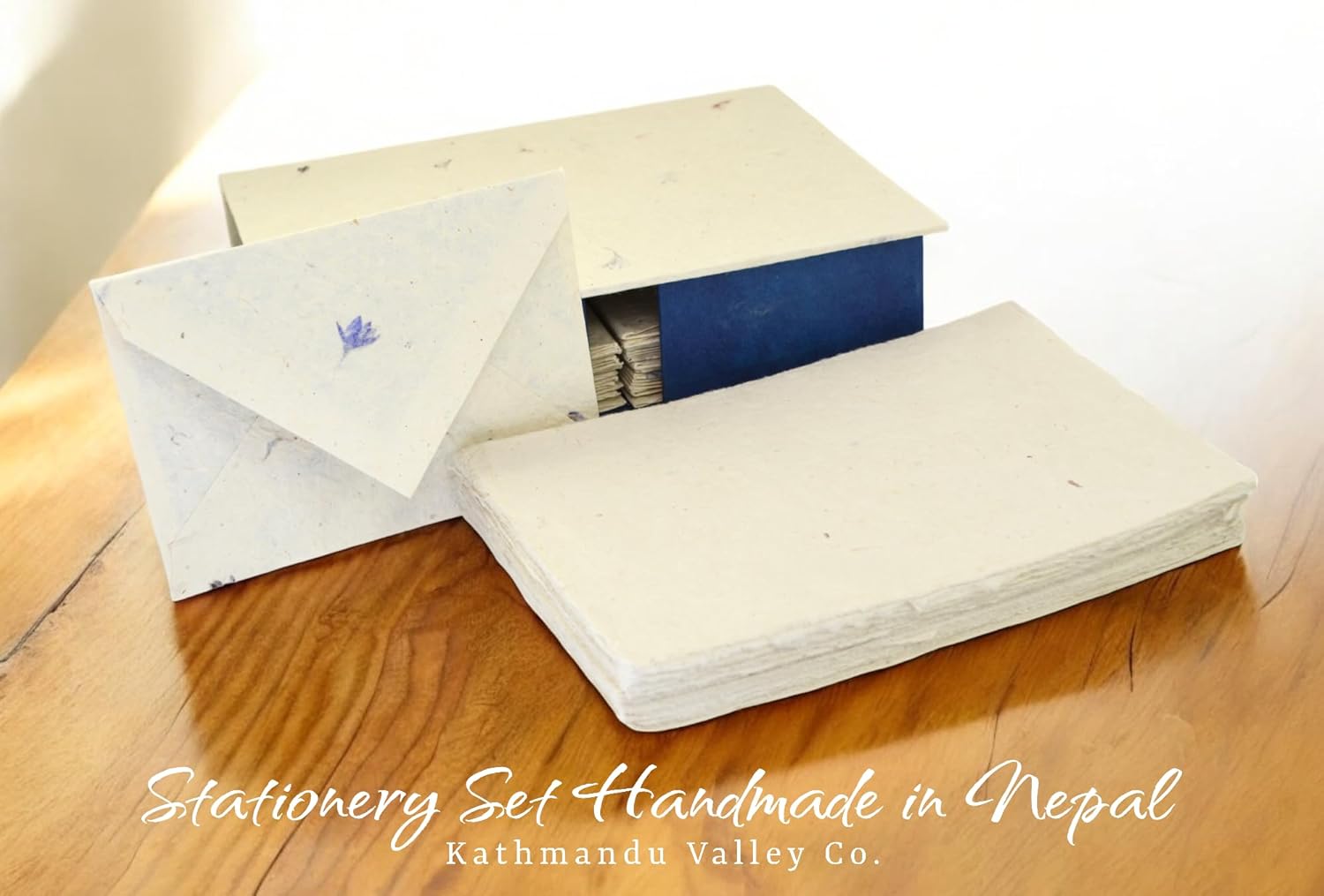 Kathmandu Valley Co. Vintage Stationery Gift Box Set with 50 Handmade A5 Deckle-edge Lokta Paper Sheets and 30 Envelopes (Cornflower)