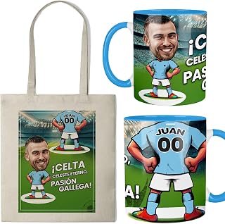 Kembilove Taza personalizada Celta de Vigo con caricatura y bolsa | Regalo para fans celestes | Producto personalizado con nombre y número | Detalle original fútbol gallego