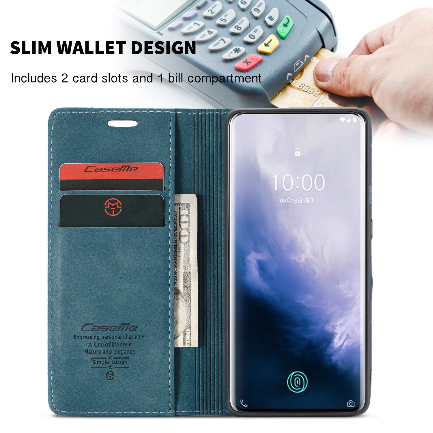 Cover Portafoglio In Pelle PU Per OnePlus 7 (2019) | Flip Case Con 3 Slot Carte E Funzione Stand | HualuBro Custodia Magnetica Blu - 3