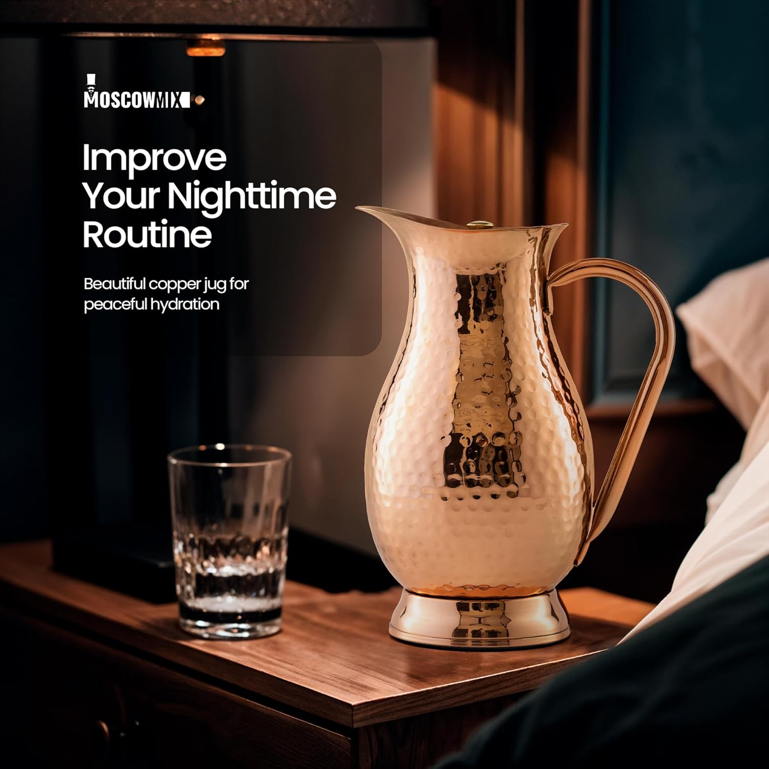 Pure 100% Copper Water Pitcher with Lid - 70 oz Large Copper Jug for Drinking Water - Heavy Duty Handcrafted - Bedside Carafe Vessel Ayurveda Hammered Health Benefits