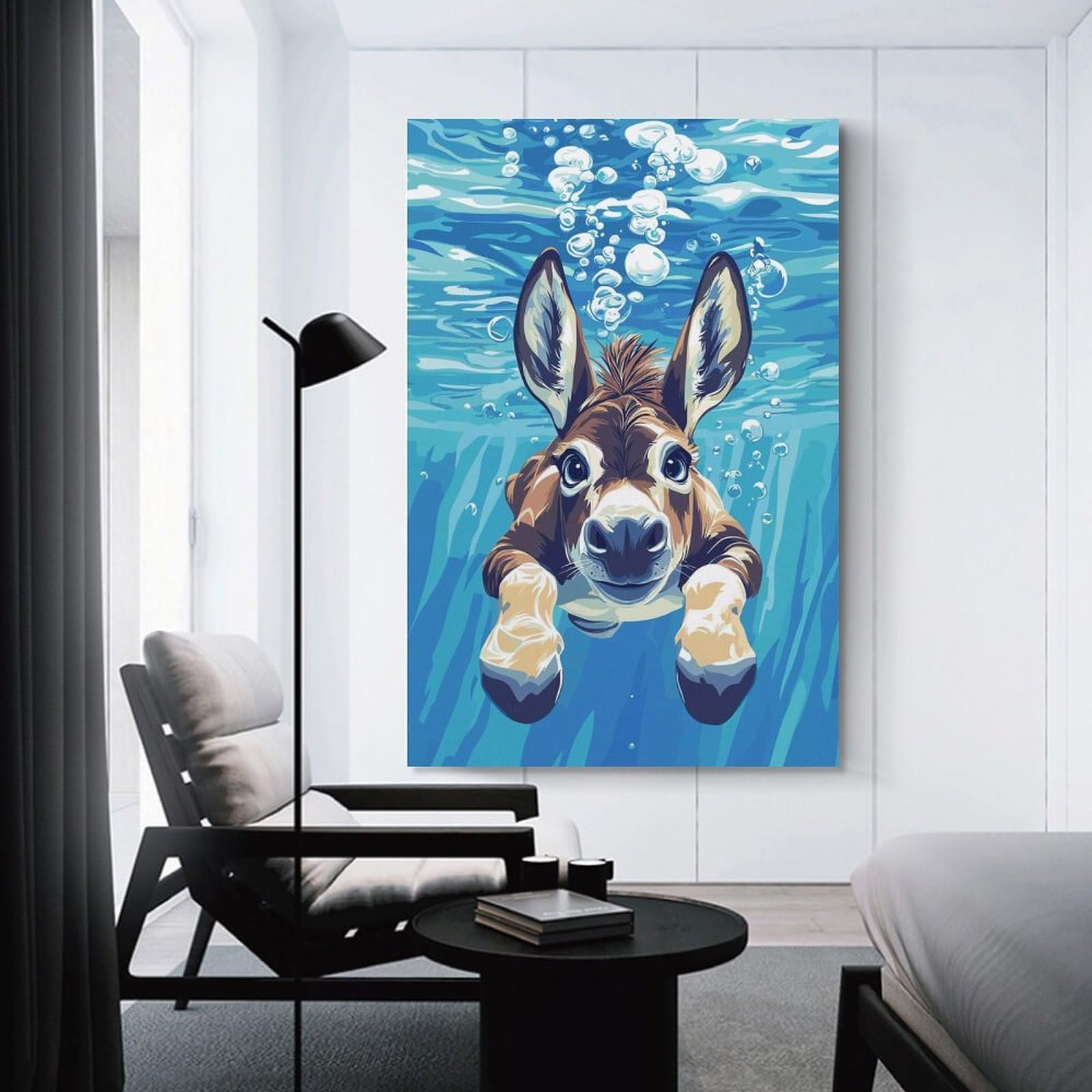Junmoney Underwater Donkey Illustration Home Decor Wall Art, 08x12inch(20x30cm), for Apartment Walls, Studios Or Work Areas, Decorative Canvas Decor for Home Updates