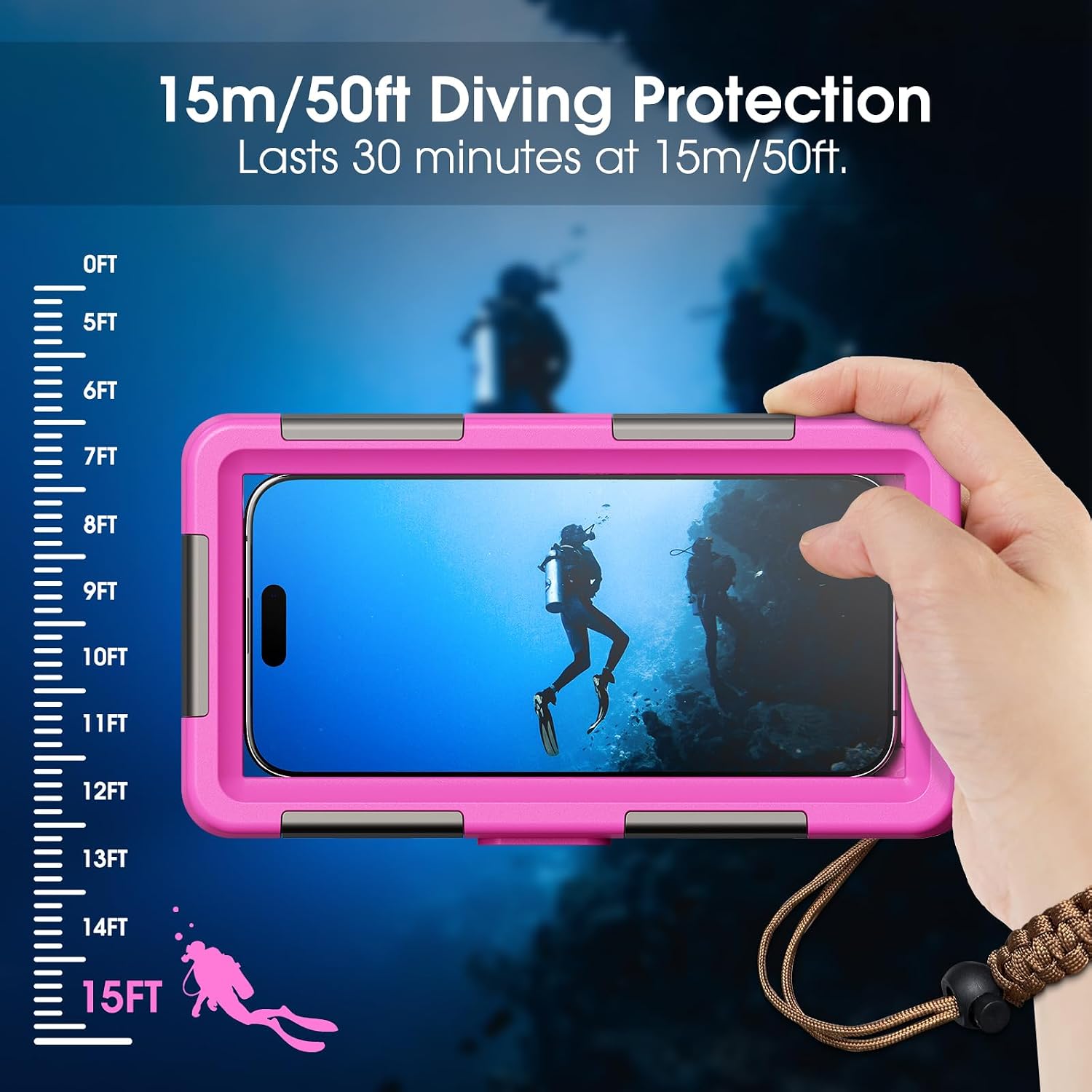 2026Underwater Snorkeling Diving Phone Case for iPhone 17/16/15/14/13/ Pro Max/XR/XS/X Galaxy S24/S23/S22.[50ft/15m] Professional Scuba Dive Waterproof Case Underwater Photo Video (Pink)