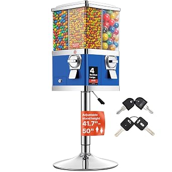 VEVOR Commercial Vending Machine, Four Compartment Rotatable Gumball and Candy Dispenser, Adjustable Height Coin Operated Candy Bank with Iron Stand, for Business Toy Capsules Bouncy Balls Nut, Blue