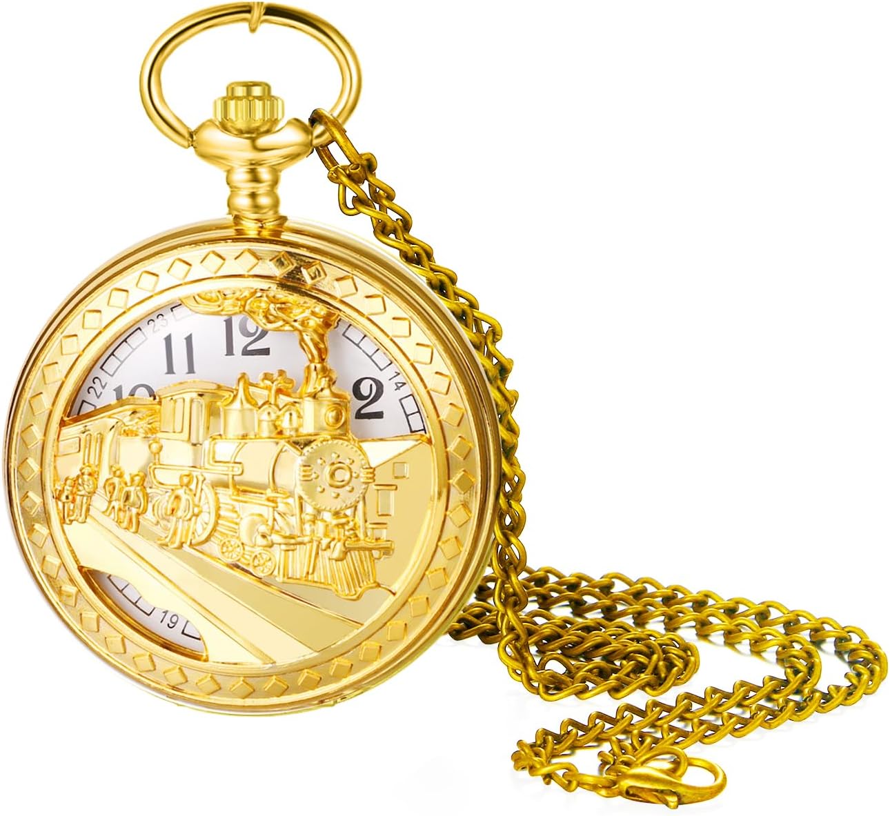 JewelryWe Men Women Pocket Watch: Gold/Silver Tone Vintage FOB Watches Train Necklace Pendant Watch with Chain